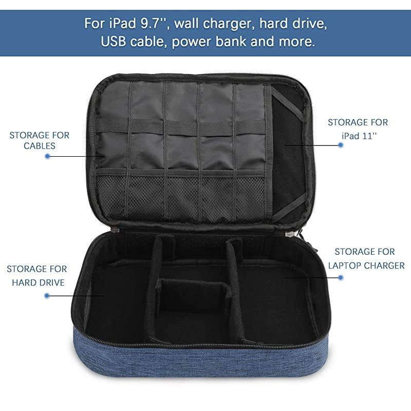 Electronics Organizer  Electronic Accessories Cable Organizer Bag Double Layer Travel Cable Storage Bag for Cables Laptop Charger Tablet Up to 11 and MoreThick LargeBlack and Blue