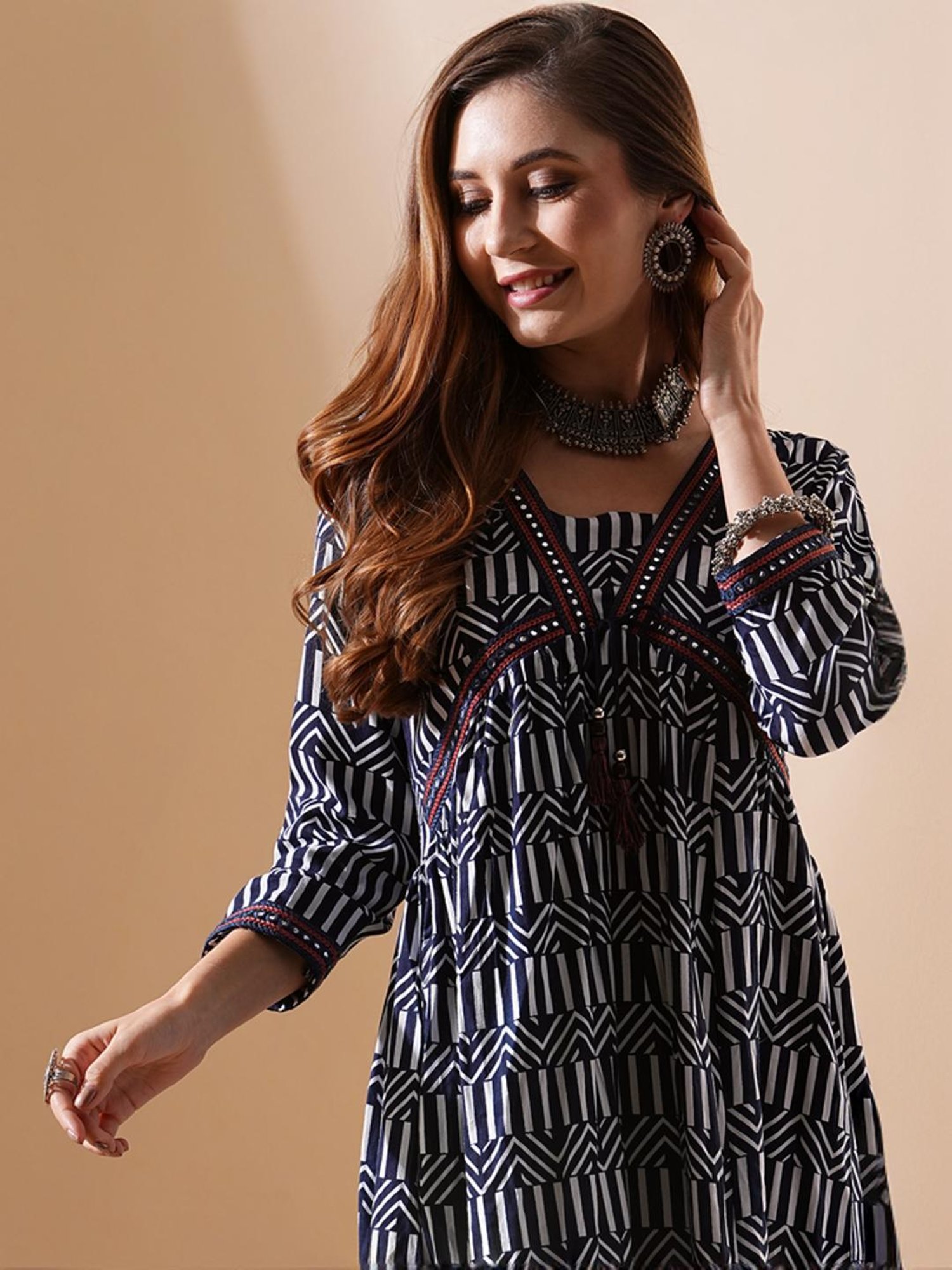 Fashor Navy Printed A-Line Dress