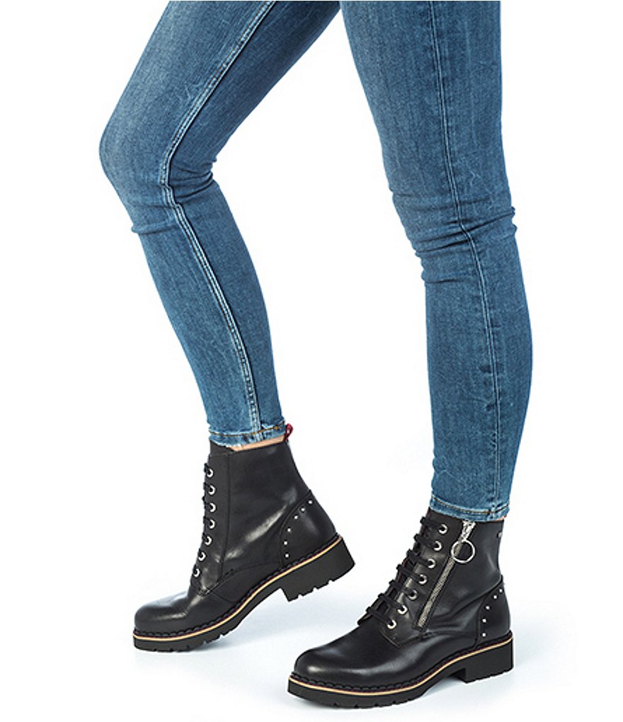 Pikolinos Vicar Wov Studded Block Heel Lug Sole Combat Boots