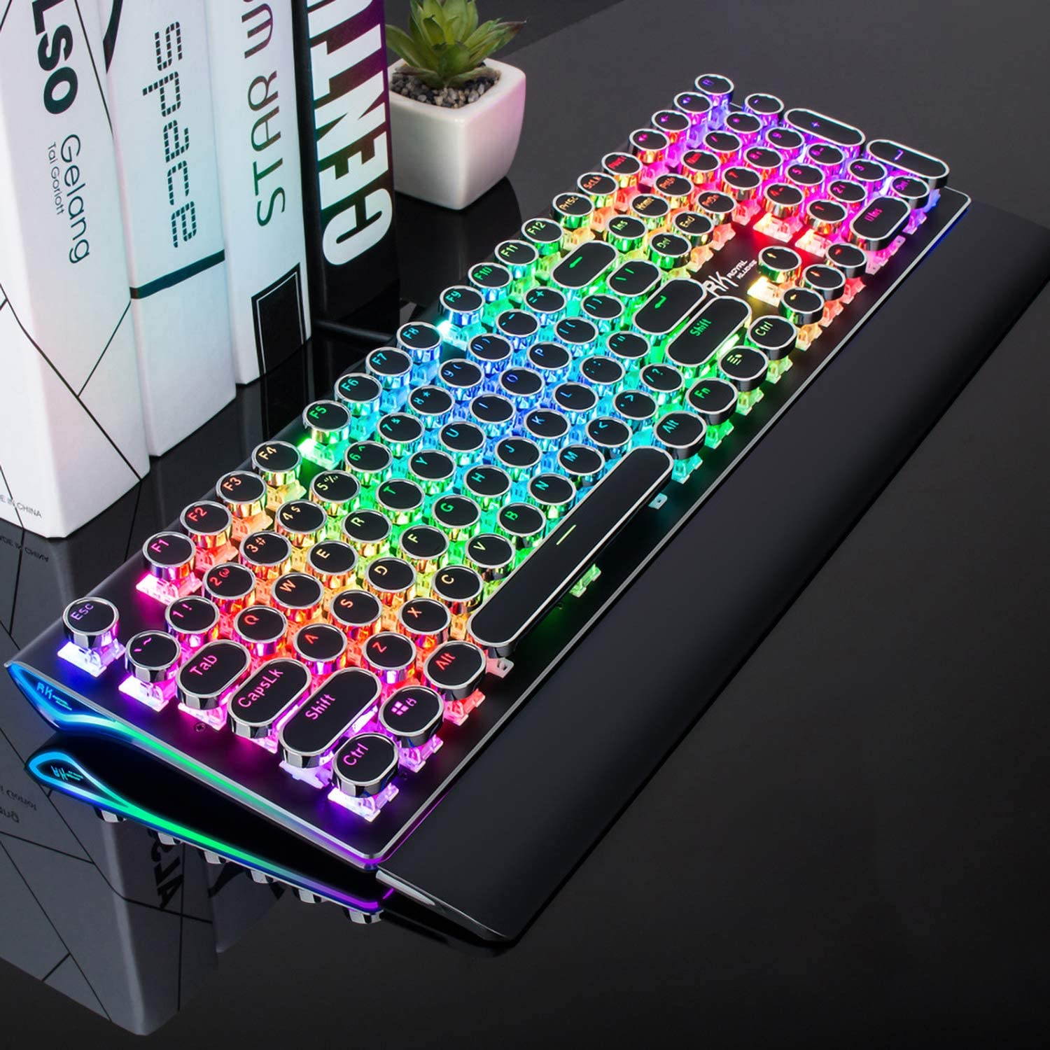 CUUWE RK Typewriter Style Mechanical Gaming Keyboard with True RGB Backlit, Collapsible Wrist Rest, 108-Key Anti-Ghosting Blue Switch Retro Steampunk Vintage Round Keycaps, Metal Panel Wired USB