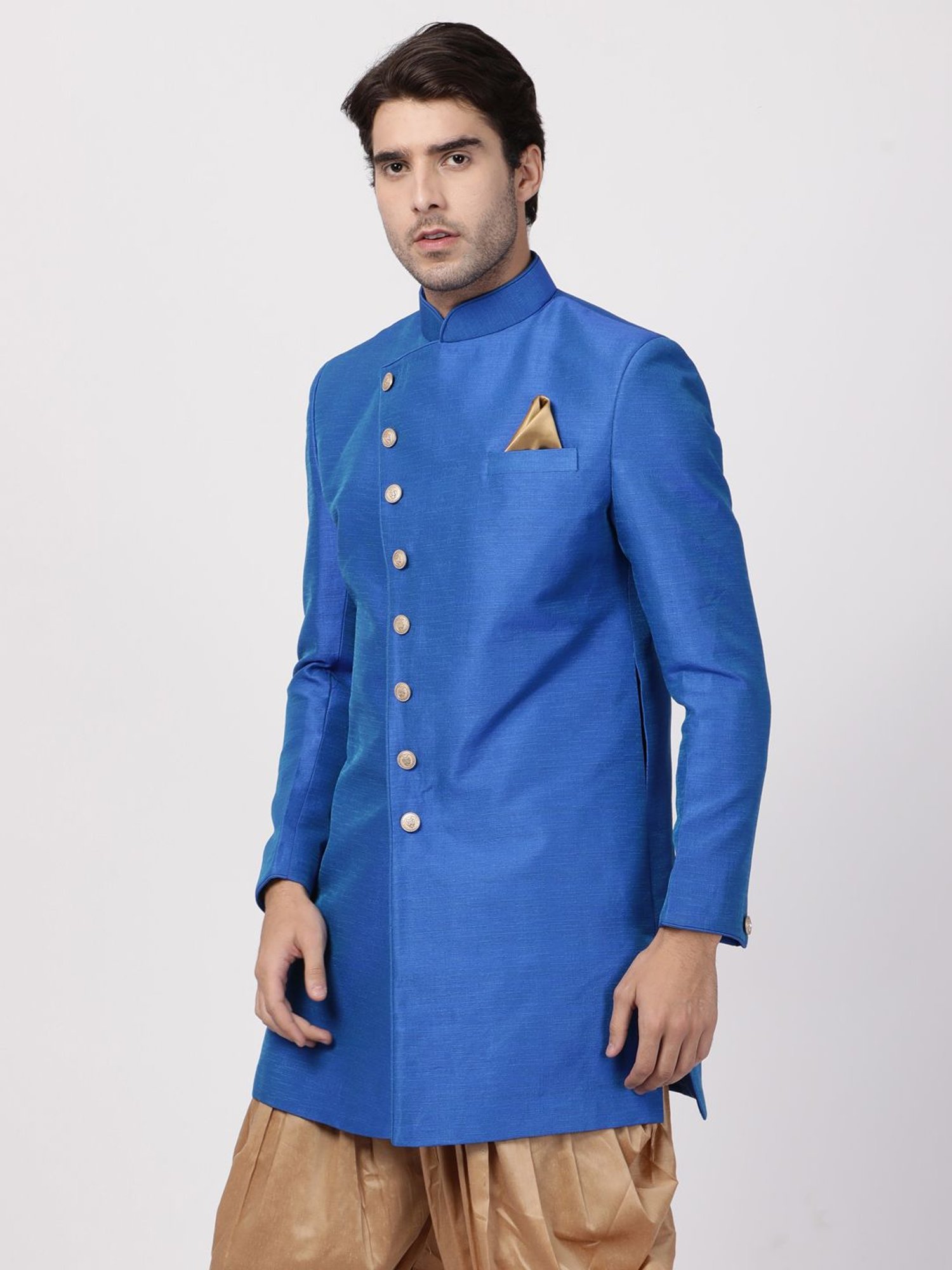 VASTRAMAY Royal Blue Straight Fit Striped Sherwani