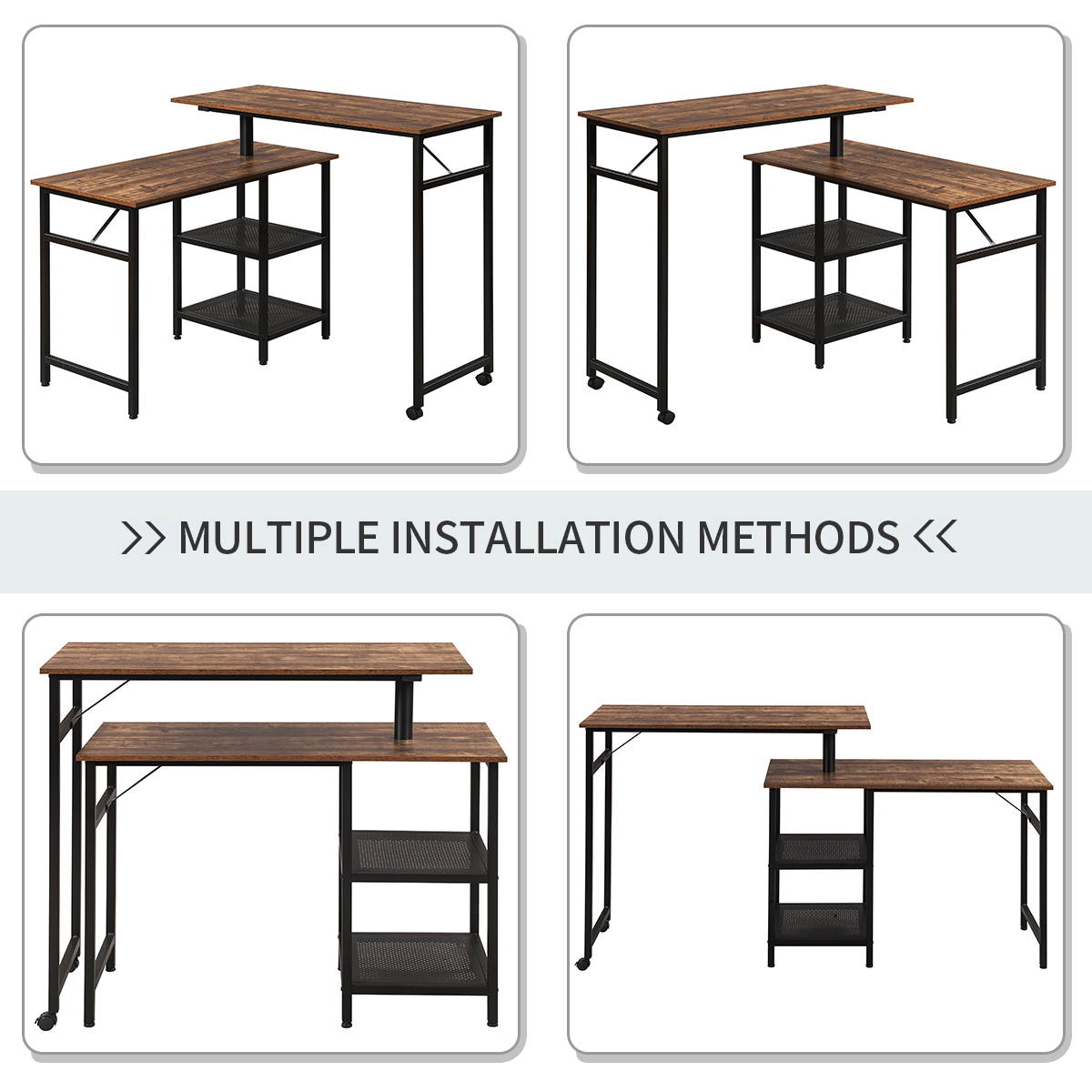 Home Office L Shaped Desk Rotating Standing Computer Desk Industrial 360 Degrees Free Rotating Corner Computer Desk Gaming Desk with Storage Shelf Brown