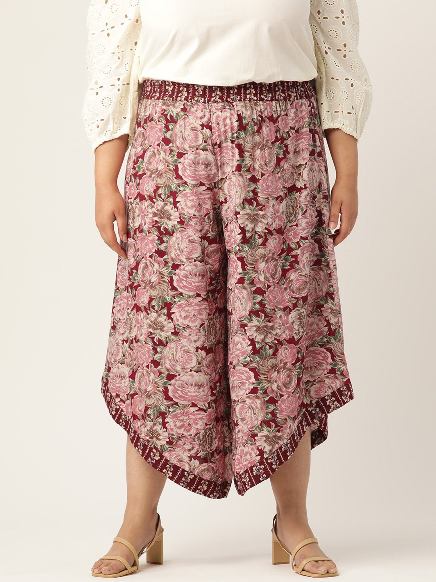 theRebelinme Maroon Floral Print Relaxed Fit High Rise Plus Size Culottes