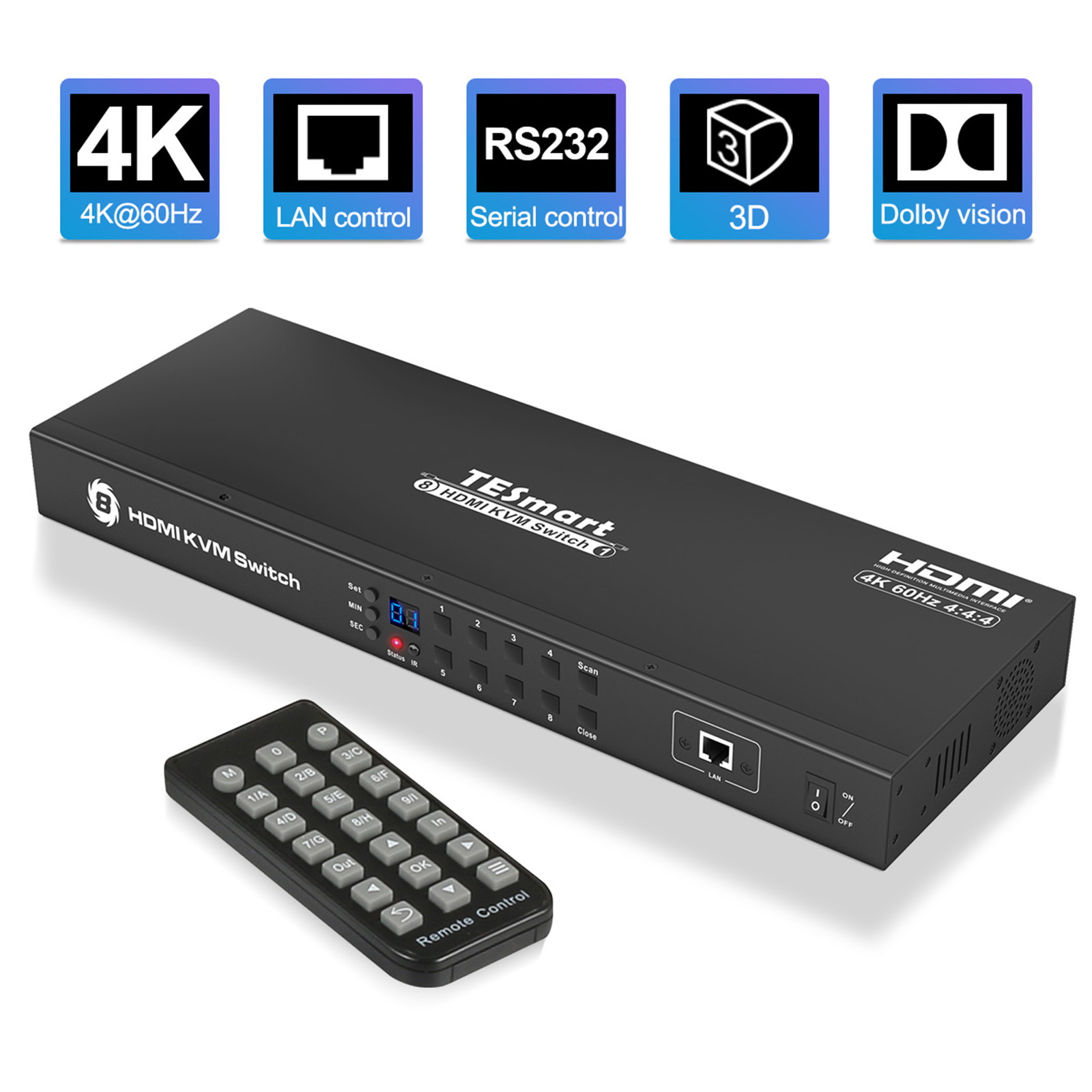 TESmart KVM Switch 4K60Hz UHD 8 Ports Inputs HDMI Control up to 8 Computers/Servers, USB 2.0 Device, RS232/ LAN Port Control Switch, Rack Mount Switch with 4 Pcs 5ft/1.5m KVM Cable