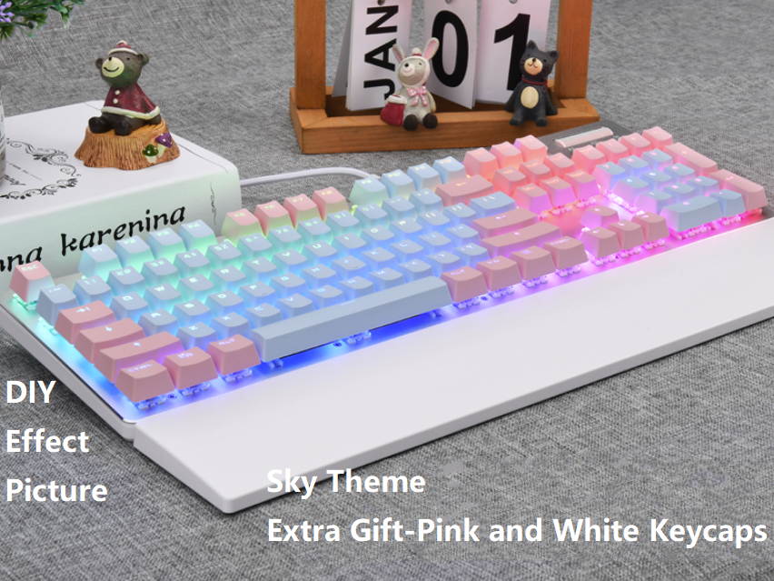 Ajazz AK35I  N-key Rollover Ergonomic Design,Cool Exterior USB Wired Blue Switch Mechanical  Gaming White  Backlit Keyboard For Office And Game, DIY PBT Keycaps - Cherry Blossom Version