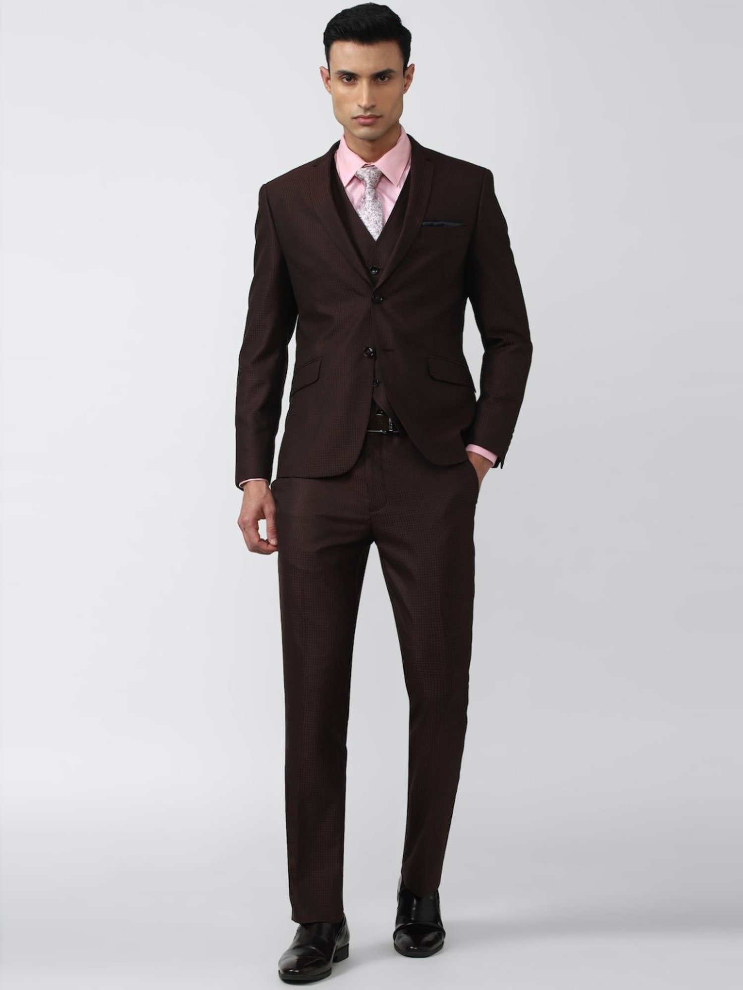 V Dot Brown Skinny Fit Checks Three Piece Suit