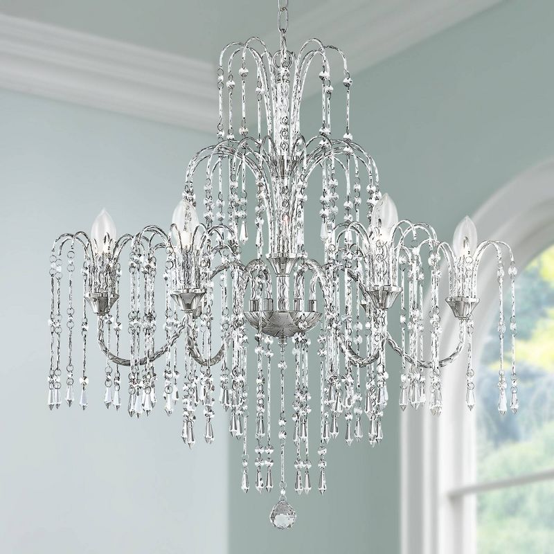 Vienna Full Spectrum Chrome Chandelier 29" Wide Crystal Rain Curved Arm Halogen 6-Light Fixture Dining Room Foyer Kitchen Entryway