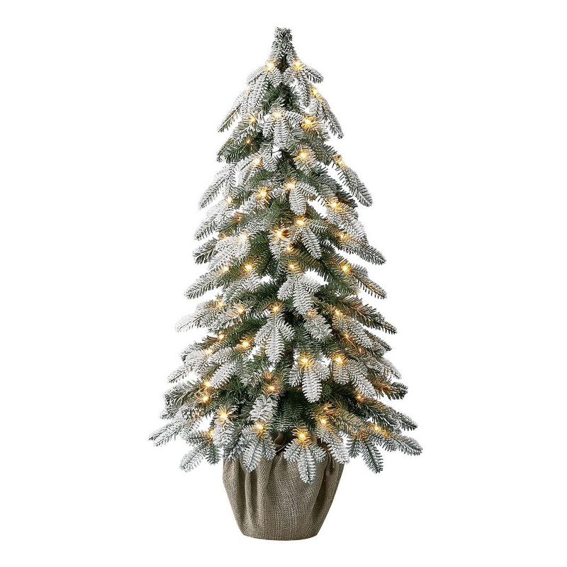 Home Heritage 3 Foot Entryway Flocked Fir Prelit Decorative Artificial Christmas Tree with Burlap Bag Potted Stand and Warm Fairy Lights Lights