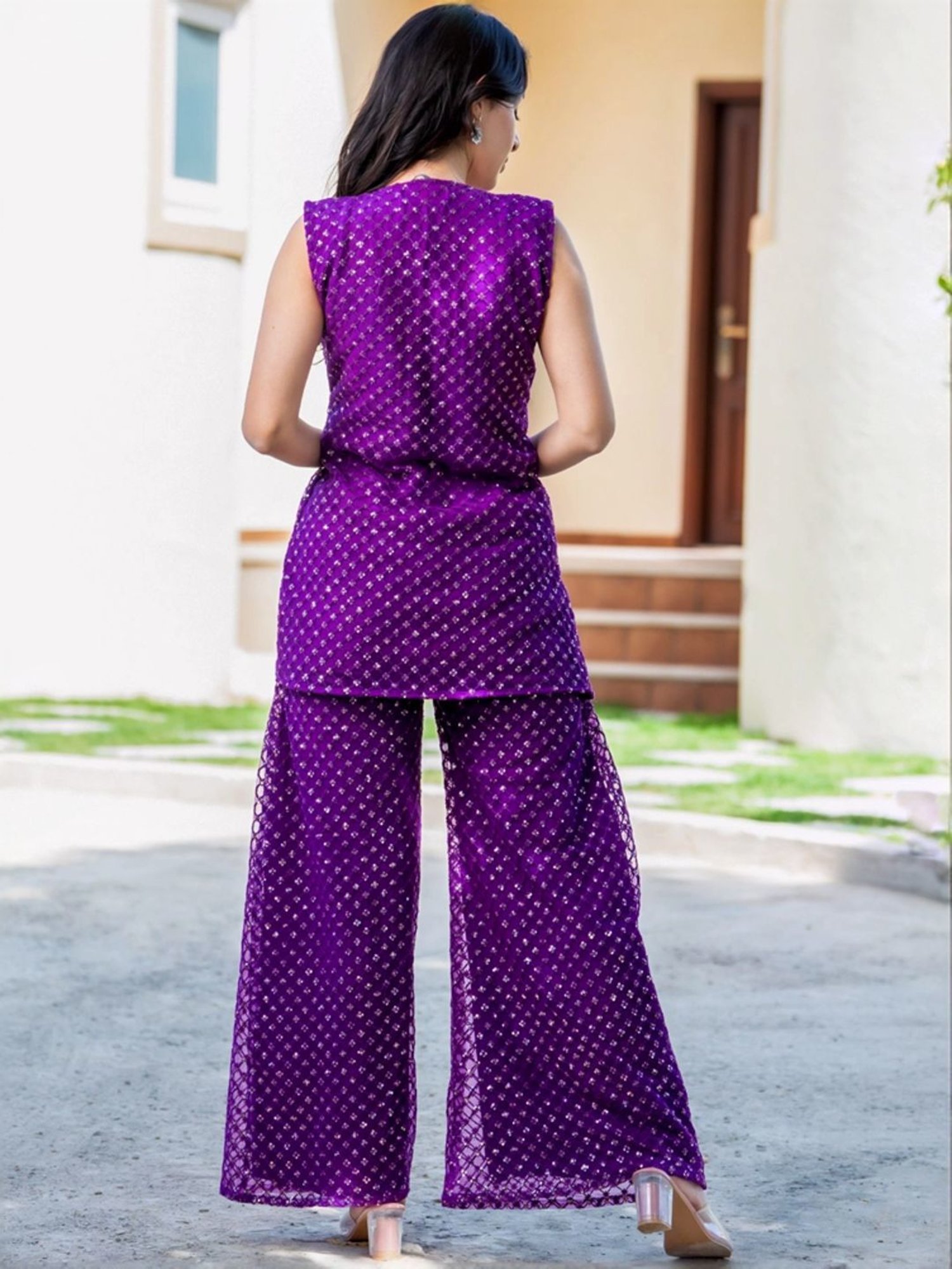 HOUSE OF JAMOTI Purple Embellished Tunic Palazzo Set