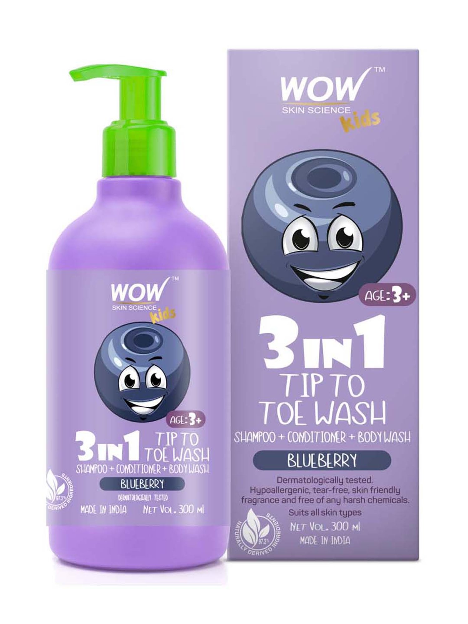 Wow Skin Science Kids 3 in 1 Tip to Toe Wash (Blueberry) - 300 ml