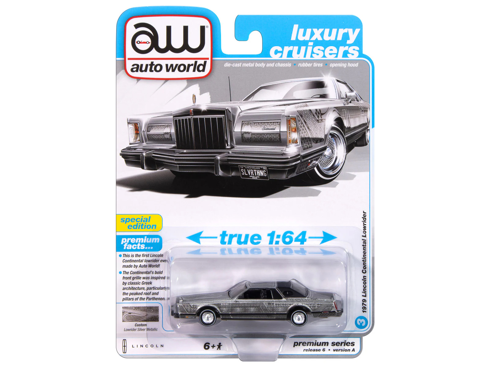 1979 Lincoln Continental Lowrider Silver Metallic with Lowrider Graphics "Luxury Cruisers" Series 1/64 Diecast Model Car by Auto World
