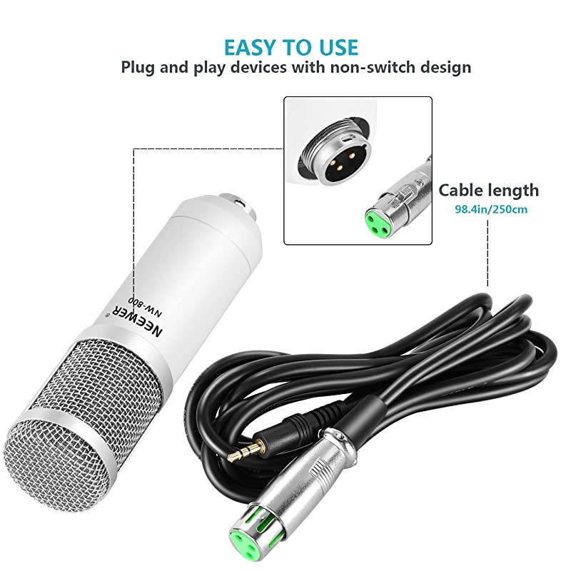 NW800 Pro Studio Broadcasting Recording Condenser Mic Kit with NW35 Adjustable Mic Suspension Scissor Arm Stand with Black Shock Mount and Table Mounting Clamp Pop FilterWhite and Silver