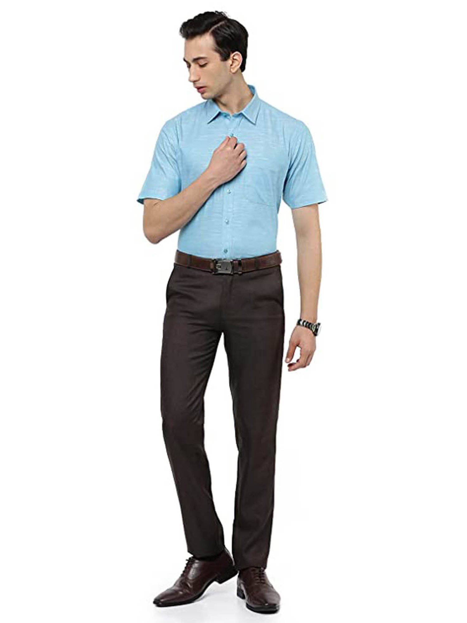 Ramraj Blue Cotton Slim Fit Self Pattern Shirt