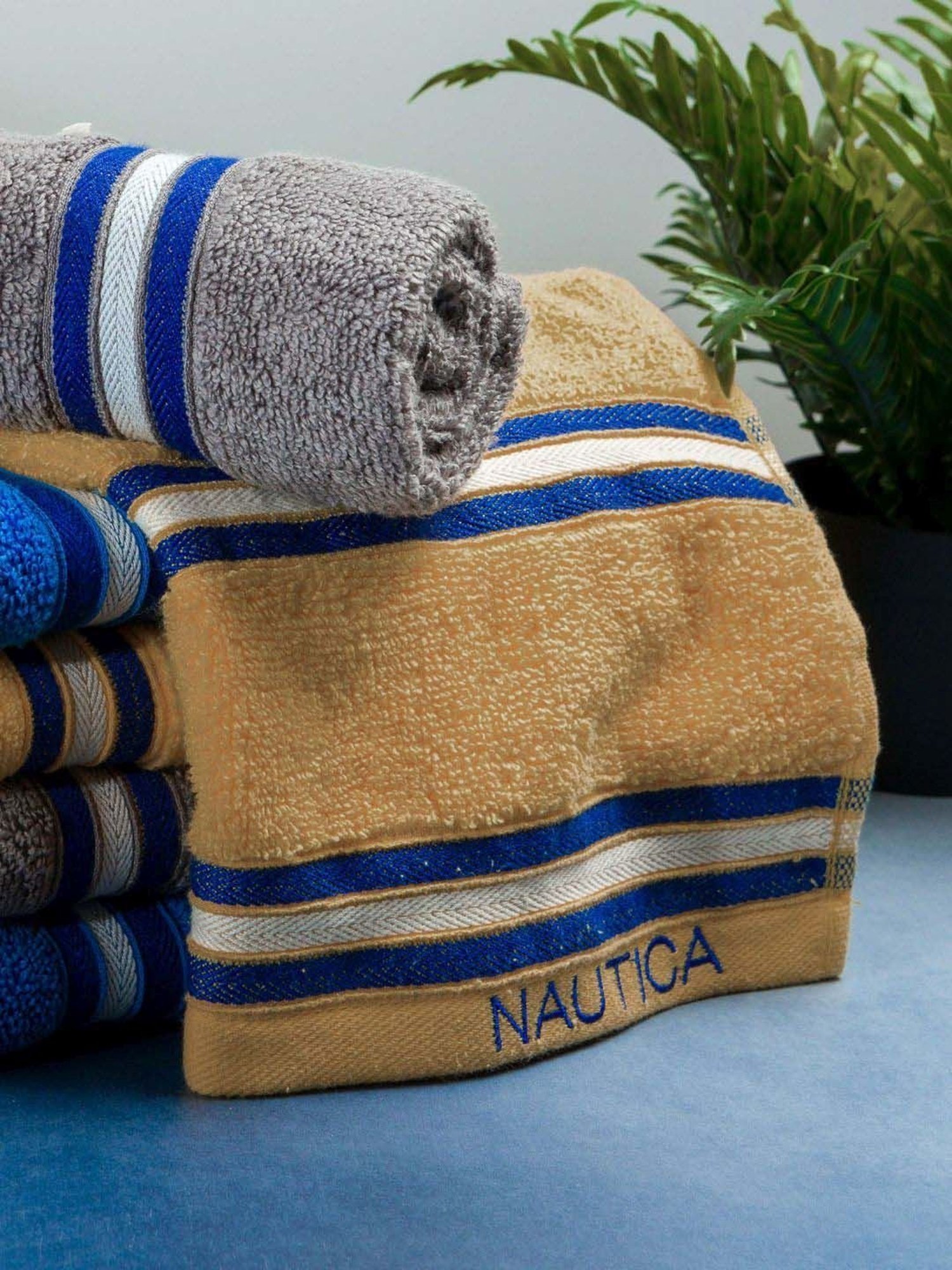 Nautica Vintage Crew Stripe Beige, Grey & Royal Blue Cotton 500 GSM Zero Twist Hand Towel - Set of 6