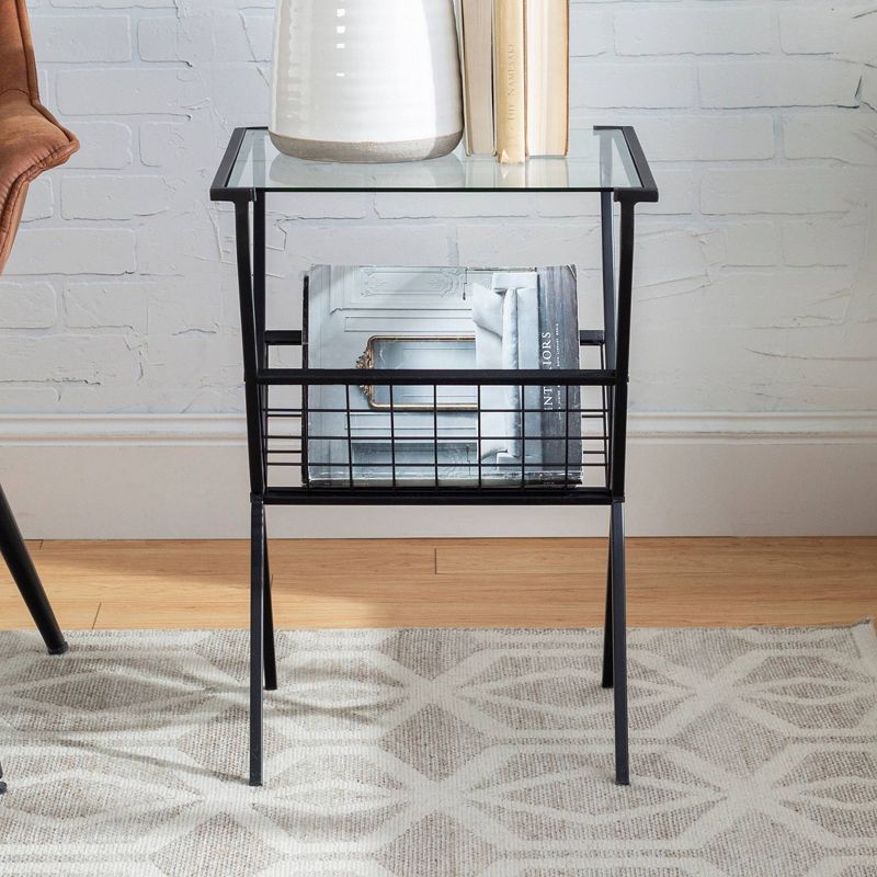 Modern Metal & Glass Side Table with Magazine Holder Black - Saracina Home