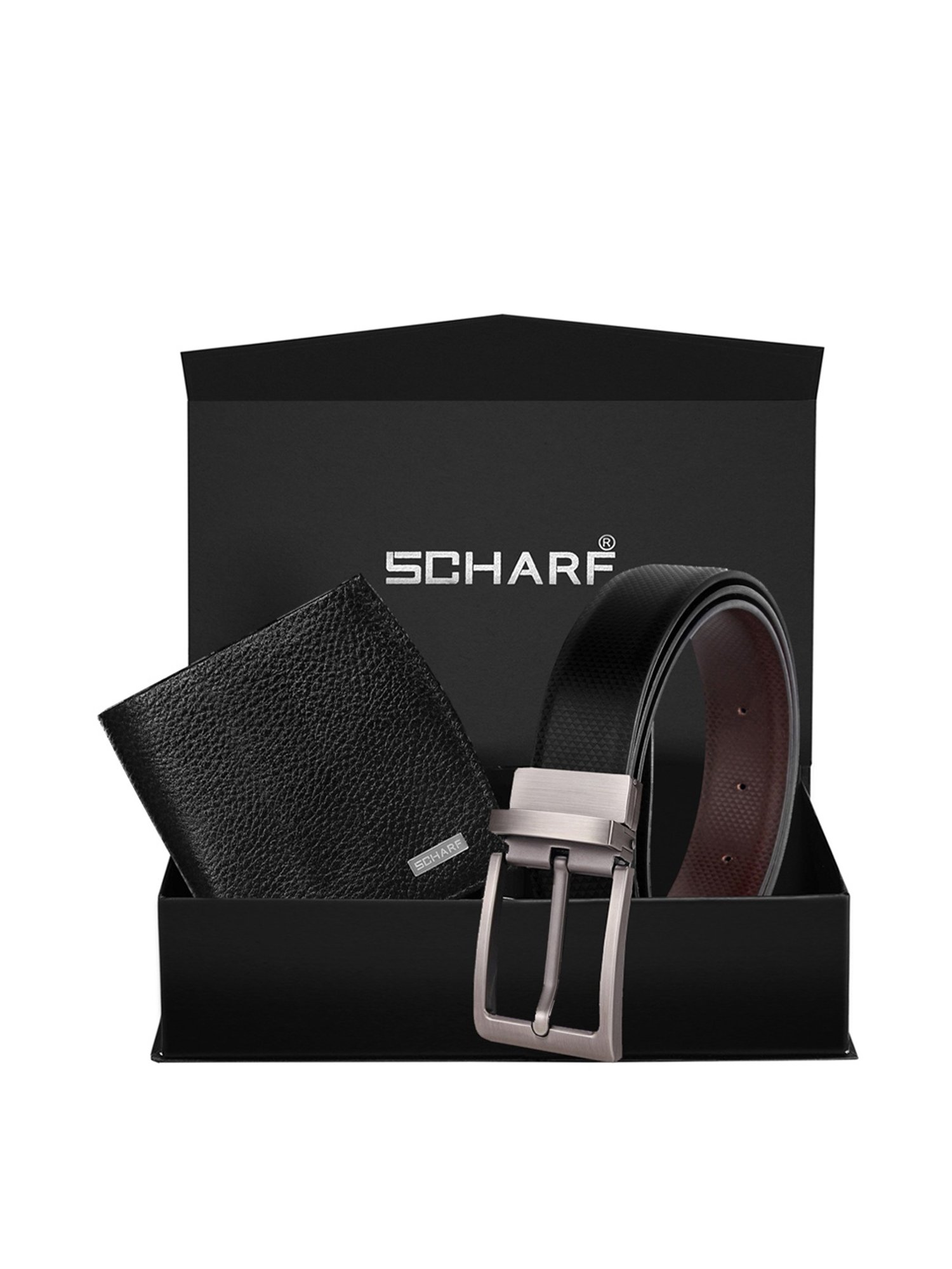 SCHARF Black Leather Set of Waist Belt and Wallet for Men