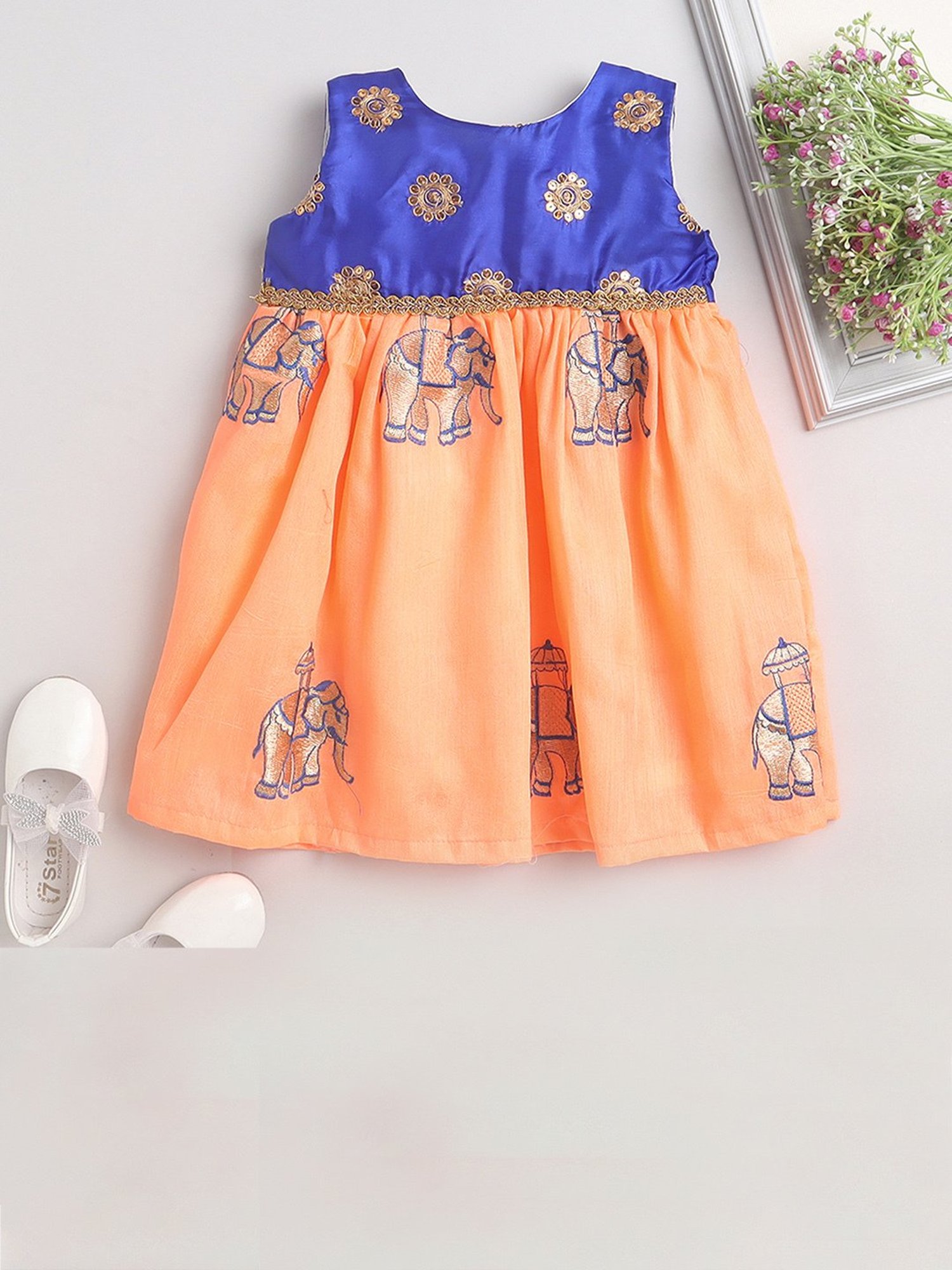Many Frocks Kids Blue & Peach Embroidered Dress