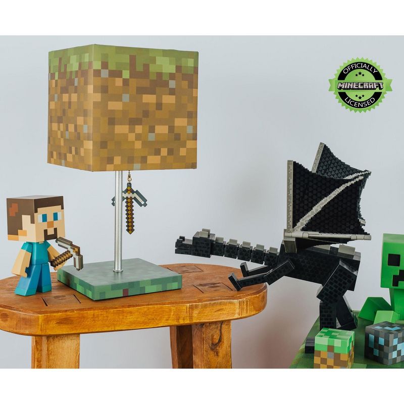 Robe Factory LLC Minecraft Grass Block Desk Lamp With Pickaxe 3D Puller | 14 Inches Tall