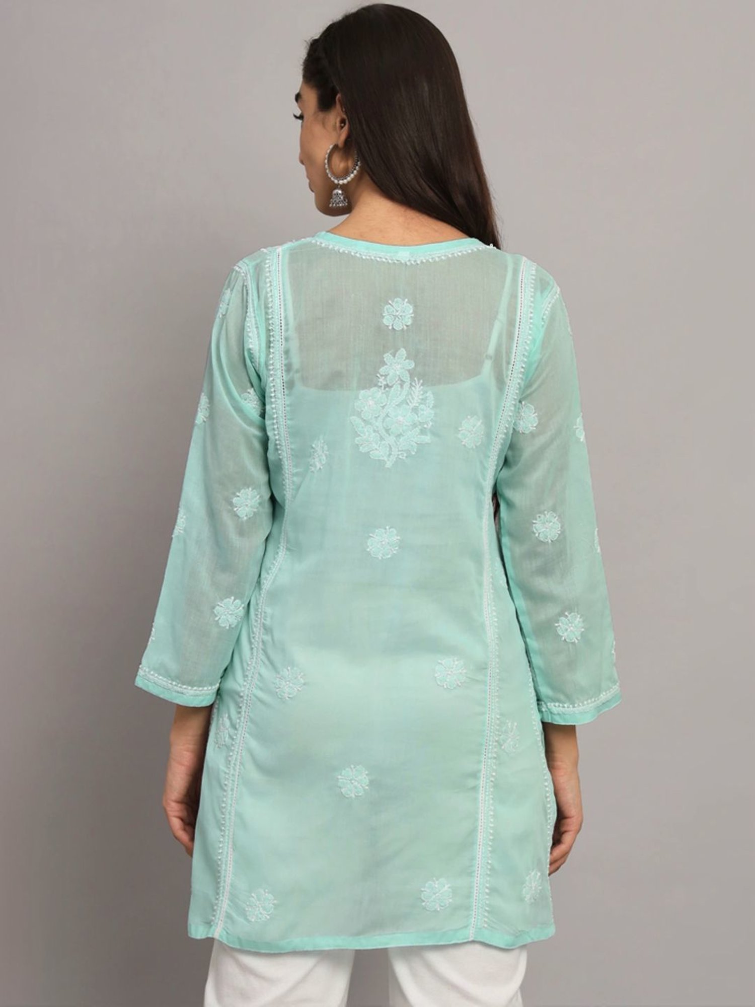 PARAMOUNT CHIKAN Sea Green Cotton Hand Embroidered Chikankari Straight Kurti