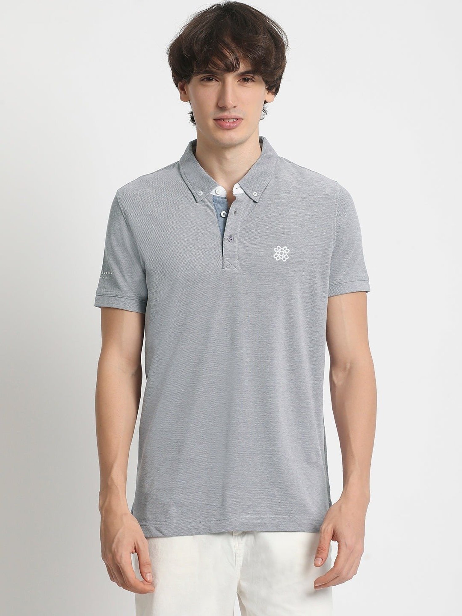 The Bear House Grey Cotton Regular Fit Self Pattern Polo T-Shirt