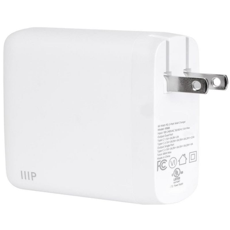Monoprice USB-C Charger, 68W 2-port PD GaN Technology Wall Charger White, for MacBook Pro/Air, iPad Pro, iPhone 12/11/Pro/Max/XR/XS/X, Pixel, Galaxy