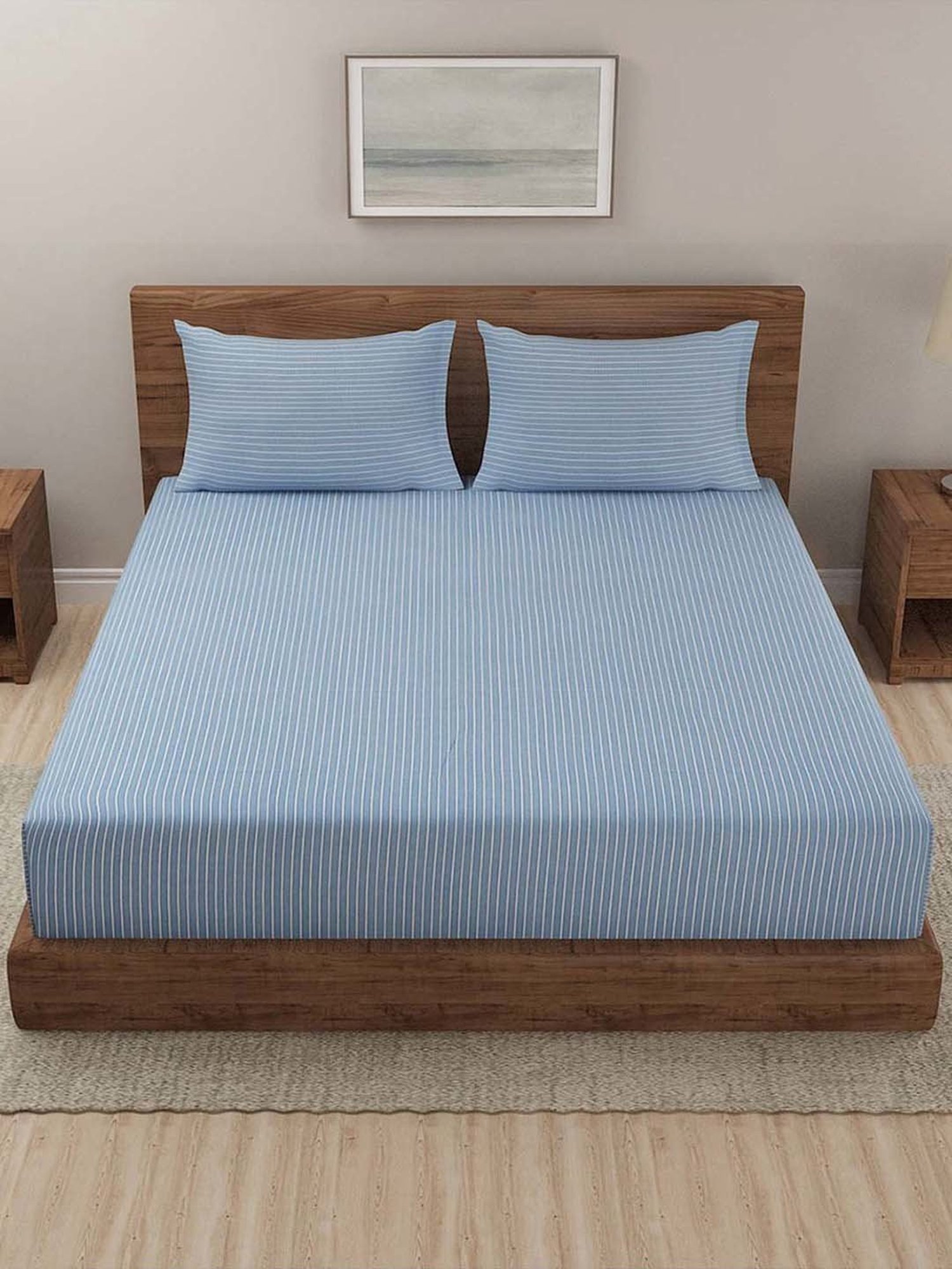 Fabindia Home Nile Blue Cotton 92 TC Double Bedsheet with 2 Pillow Covers