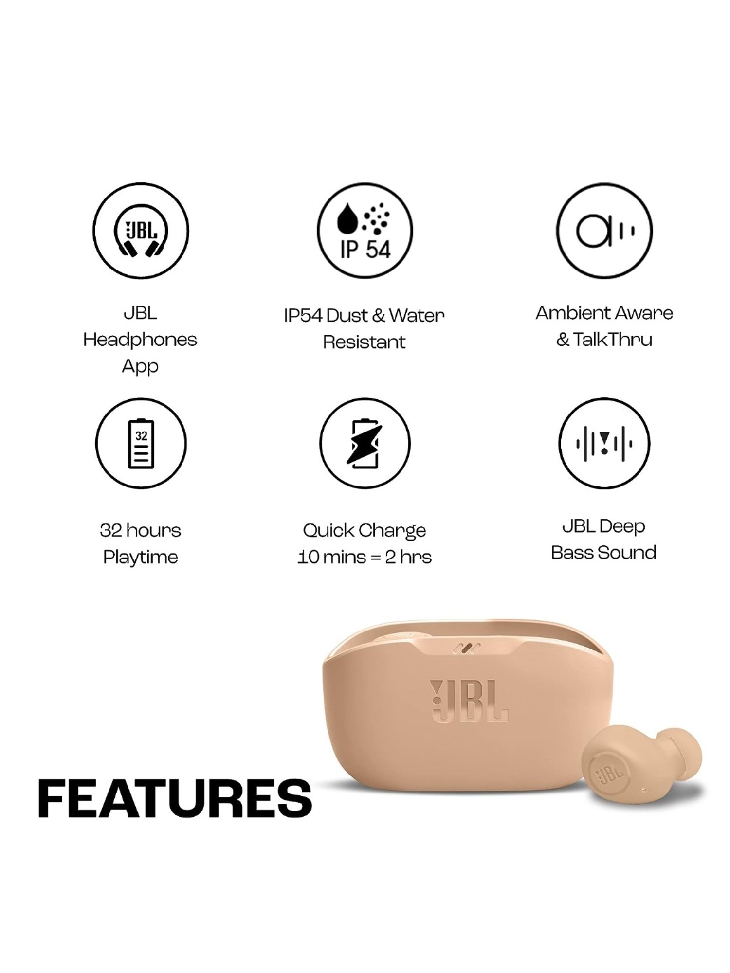 JBL Wave Buds in-Ear BT Earbuds with 32H Battery & Quick Charge (Beige, True Wireless)