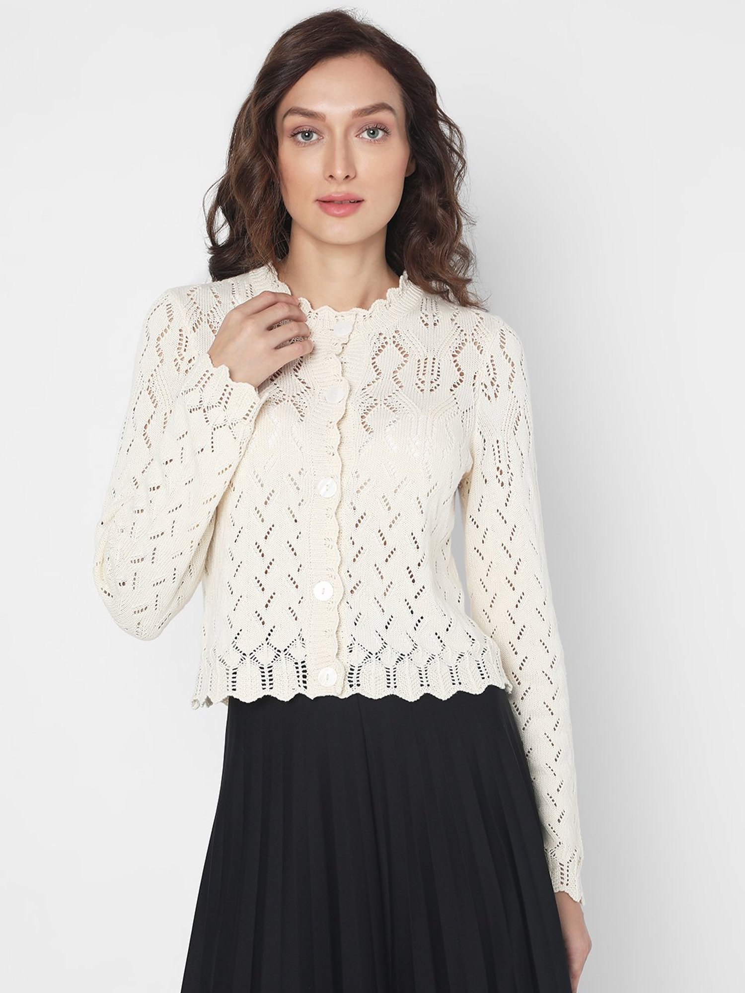 Vero Moda Beige Cotton Self Design Cardigan