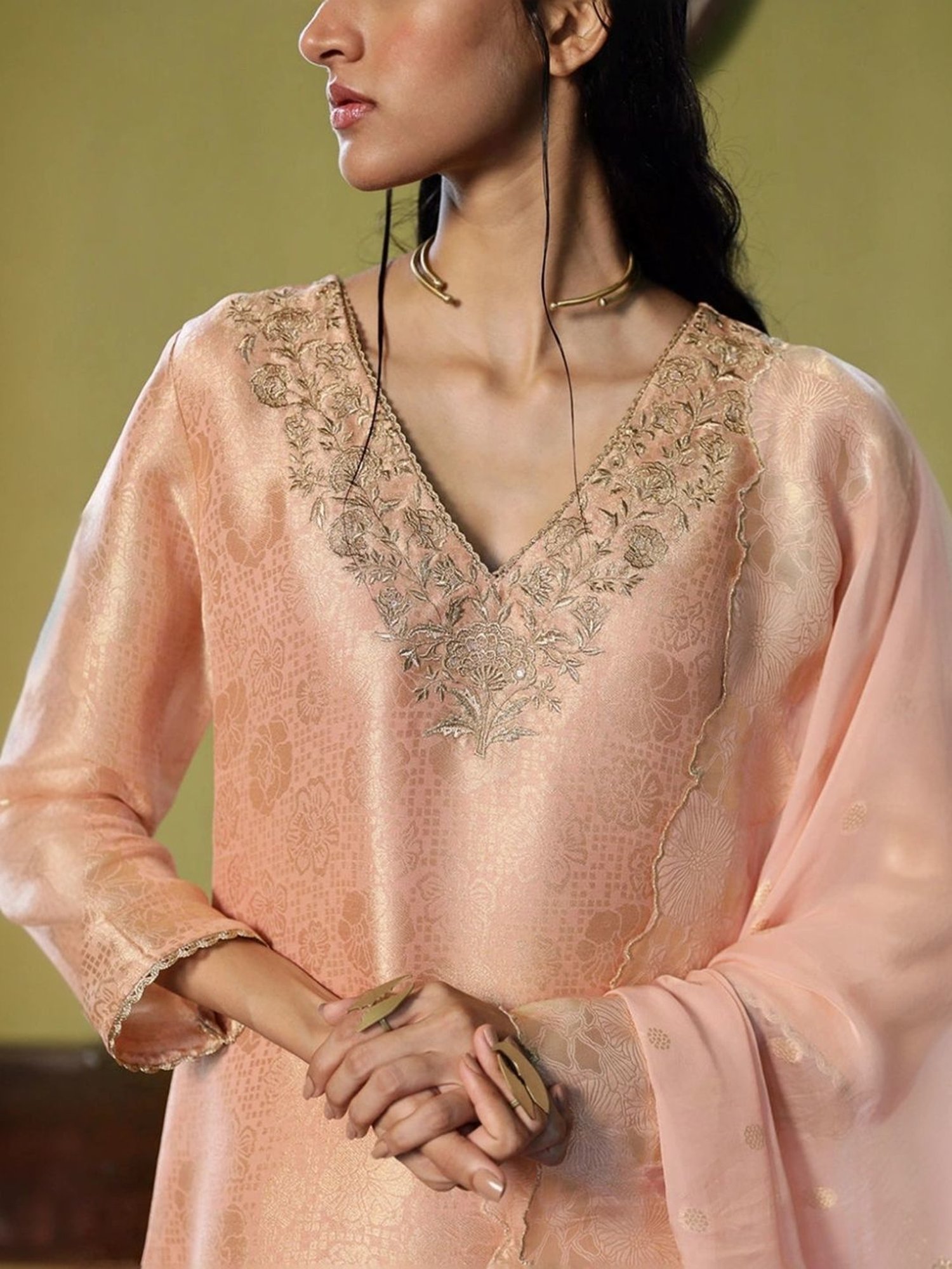 Ganga Fashions Apricot Blush Woven Kurta with Salwar and Dupatta
