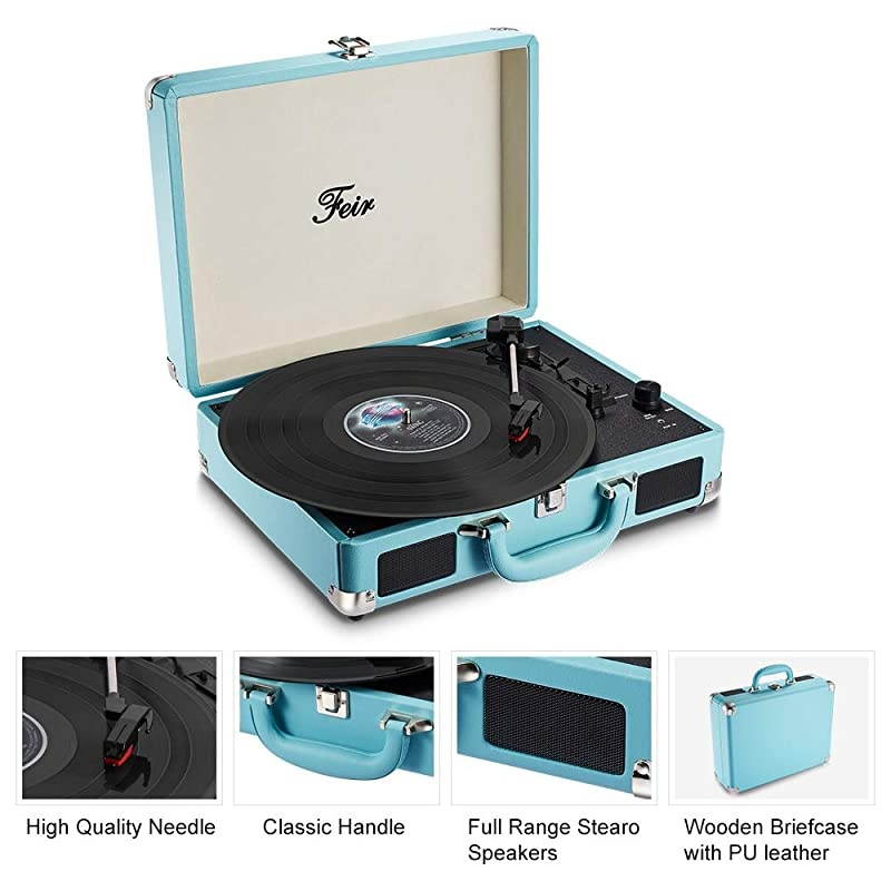 Stereo Blue Record Player 3 Speed Portable Turntable Suitcase Built in 2 Speakers RCA Line Out AUX Headphone Jack PC Recorder