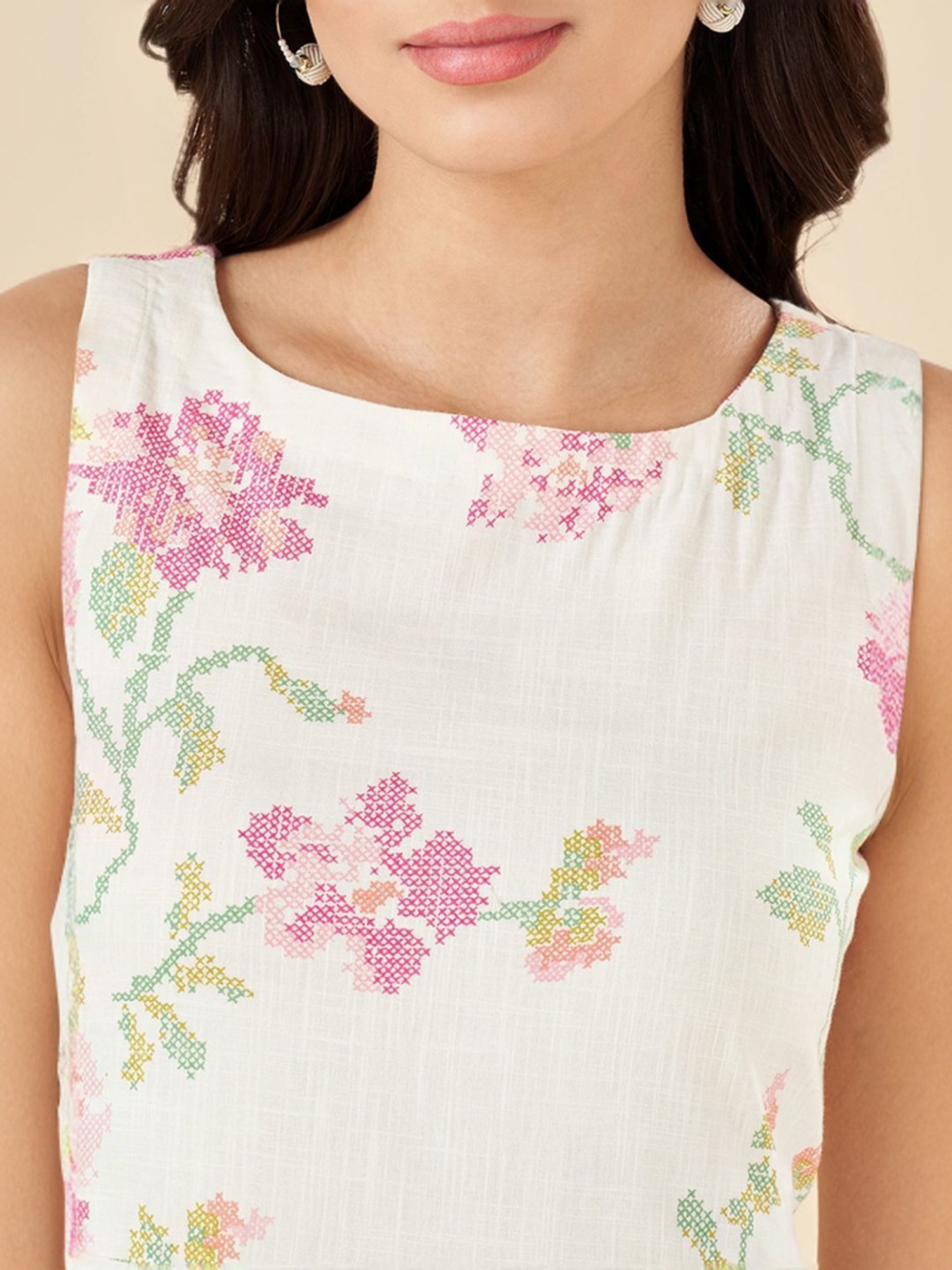 Akkriti by Pantaloons White Cotton Floral Print A-Line Dress