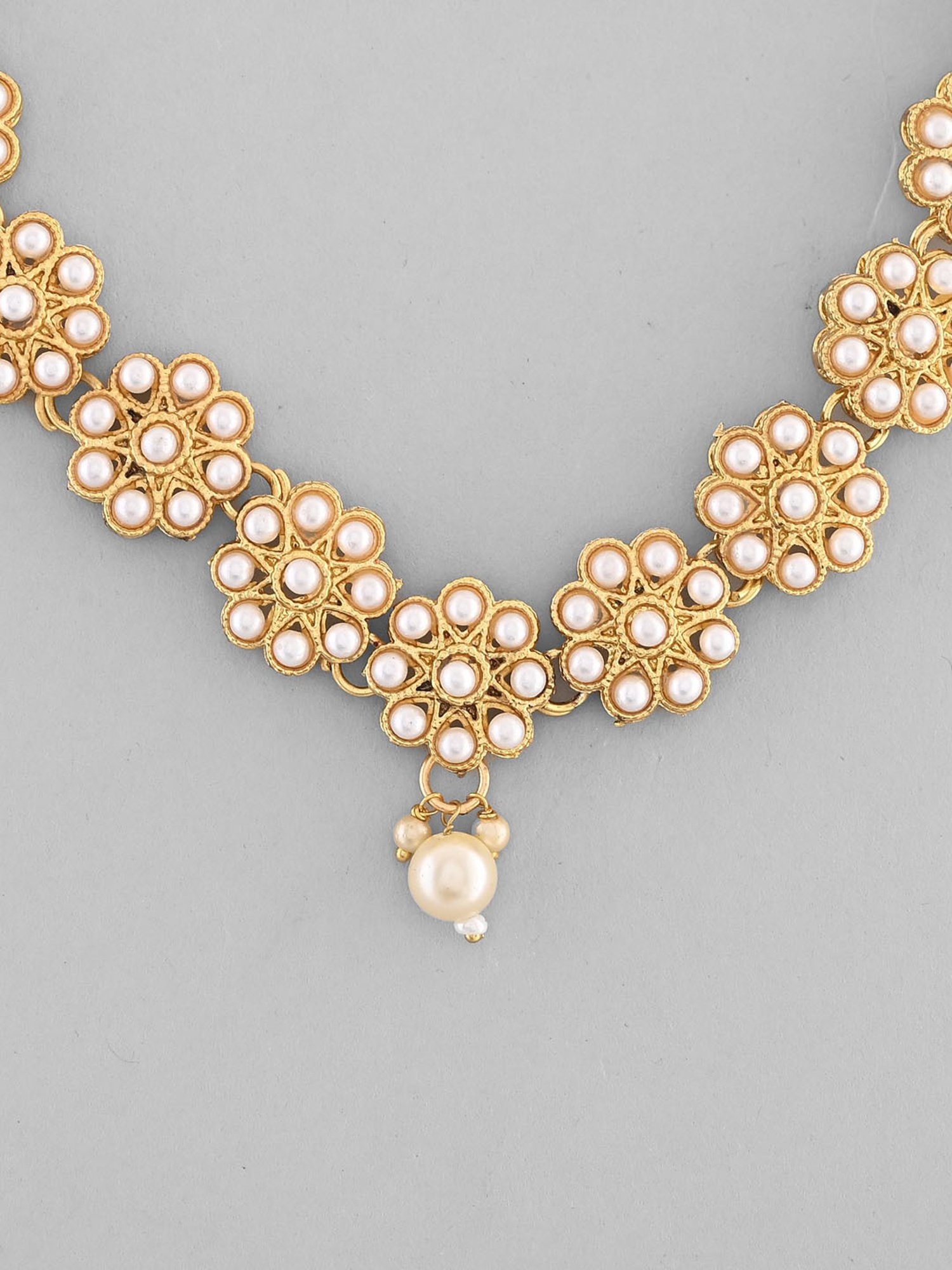 VOJ Gold Plated Pearl Studded Floral Necklace and Earrings for Women