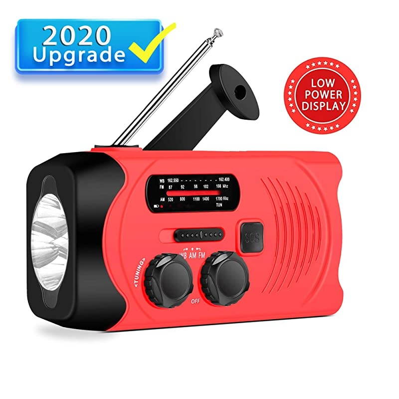Solar Radio, AM/FM NOAA Weather Redio for Household and Outdoor, Hand Crank Self Powered Radio with LED Flashlight 2000mAh for Phone Charger Red