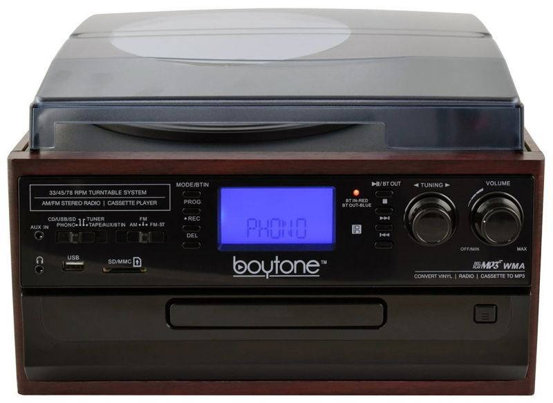 Boytone BT-22C, Bluetooth IN & OUT Record Player Turntable, AM/FM, Cassette, CD Player, Built in speaker, Ability to con