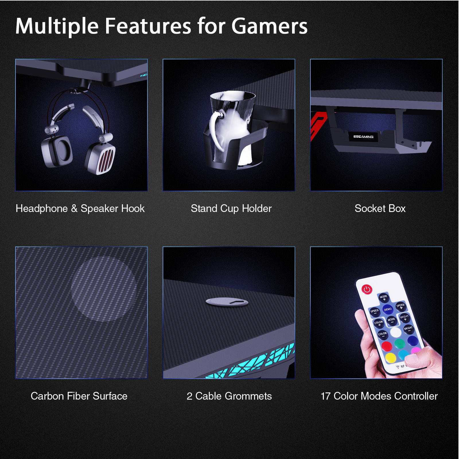 ESGAMING 1.3mm thickness Steel 47.3 Inch Gaming Desk with RGB Lights Controller with Cup Holder, Headphone Hook and Socket Rack