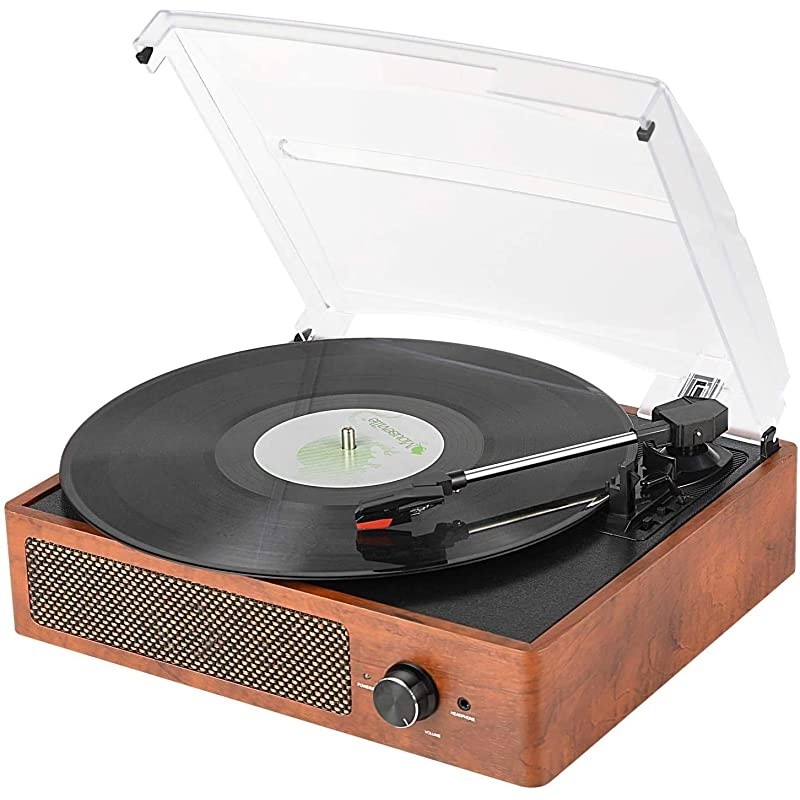 Record Player Belt-Driven 3-Speed Turntable, Vintage Vinyl Record Players Built-in Stereo Speakers, with Headphone Jack/ Aux Input/ RCA Line Out, Wooden (Brown)
