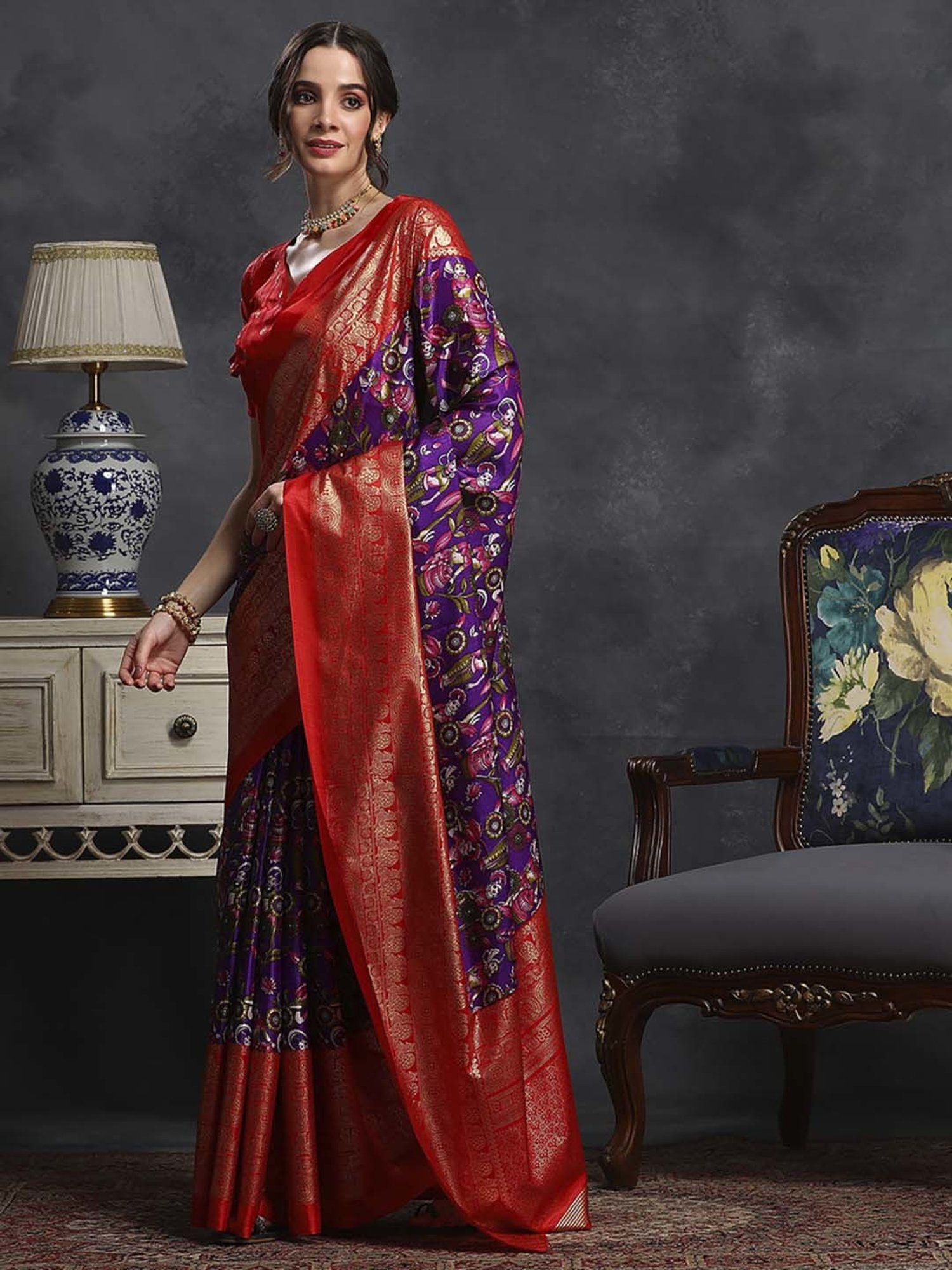 Saree Mall Purple & Red Silk Printed Saree With Unstitched Blouse