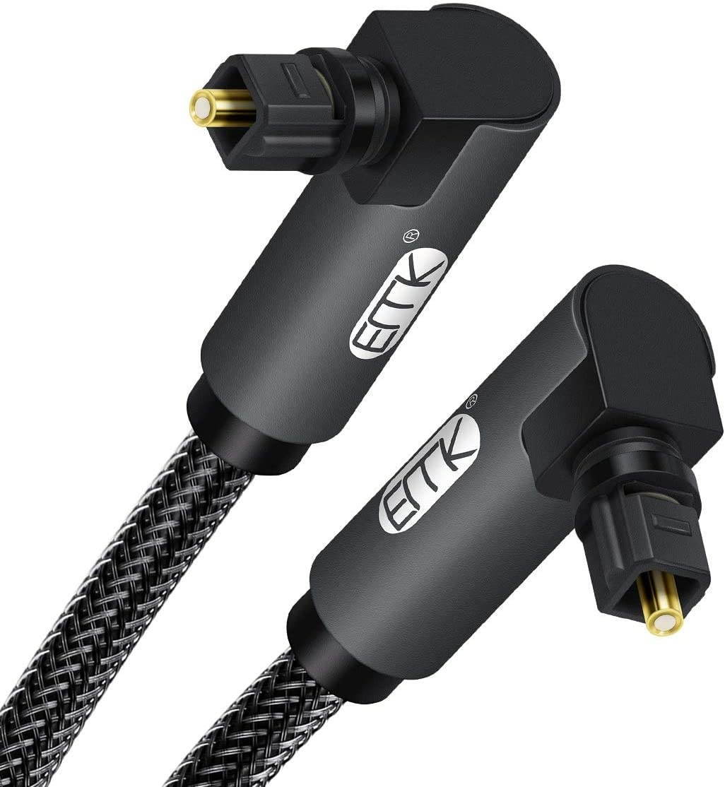 90 Degree Optical Audio CableEMK Toslink Cable Nylon Braided Digital Audio Optical Cable for Sound Bar TV PS4 Xbox Gray (5ft)