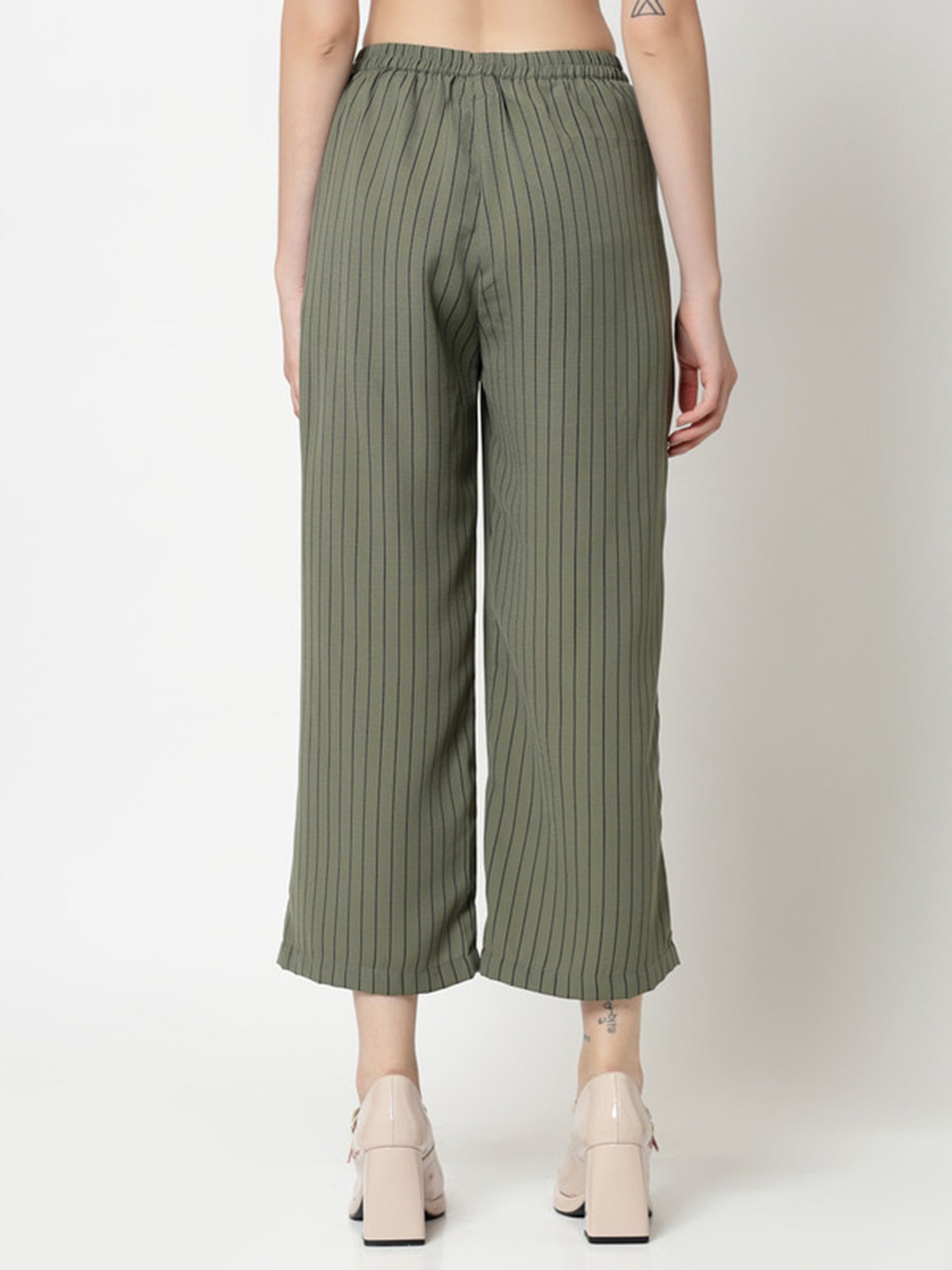 Office & You Olive Striped Regular Fit Mid Rise Trousers