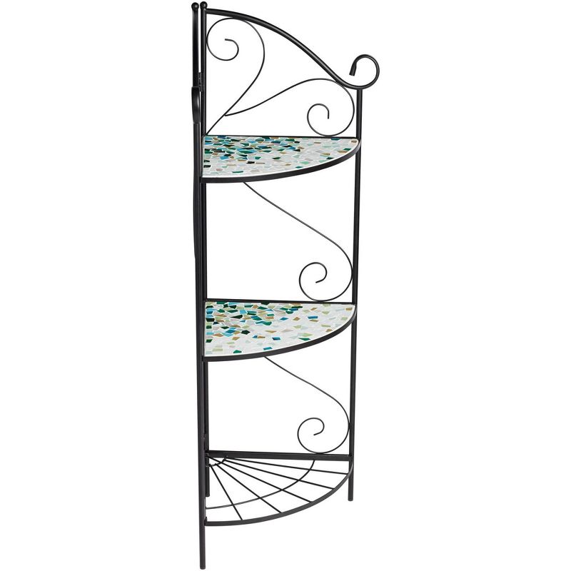 Teal Island Designs Aqua Mosaic 47" High Black Iron Three Shelf Plant Stand