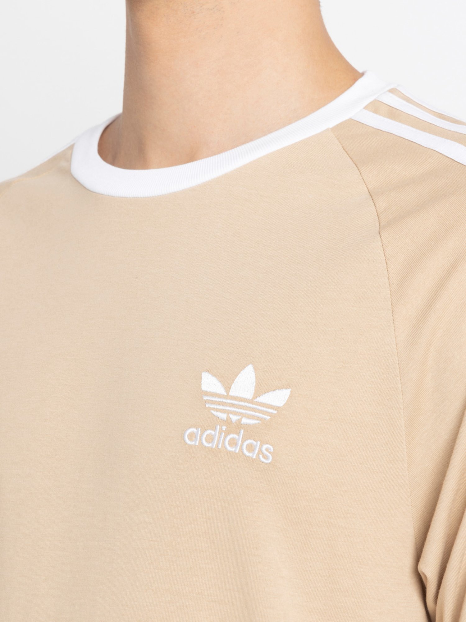 Adidas Beige 100% Cotton,100% Cotton Slim Stripes  T-Shirt