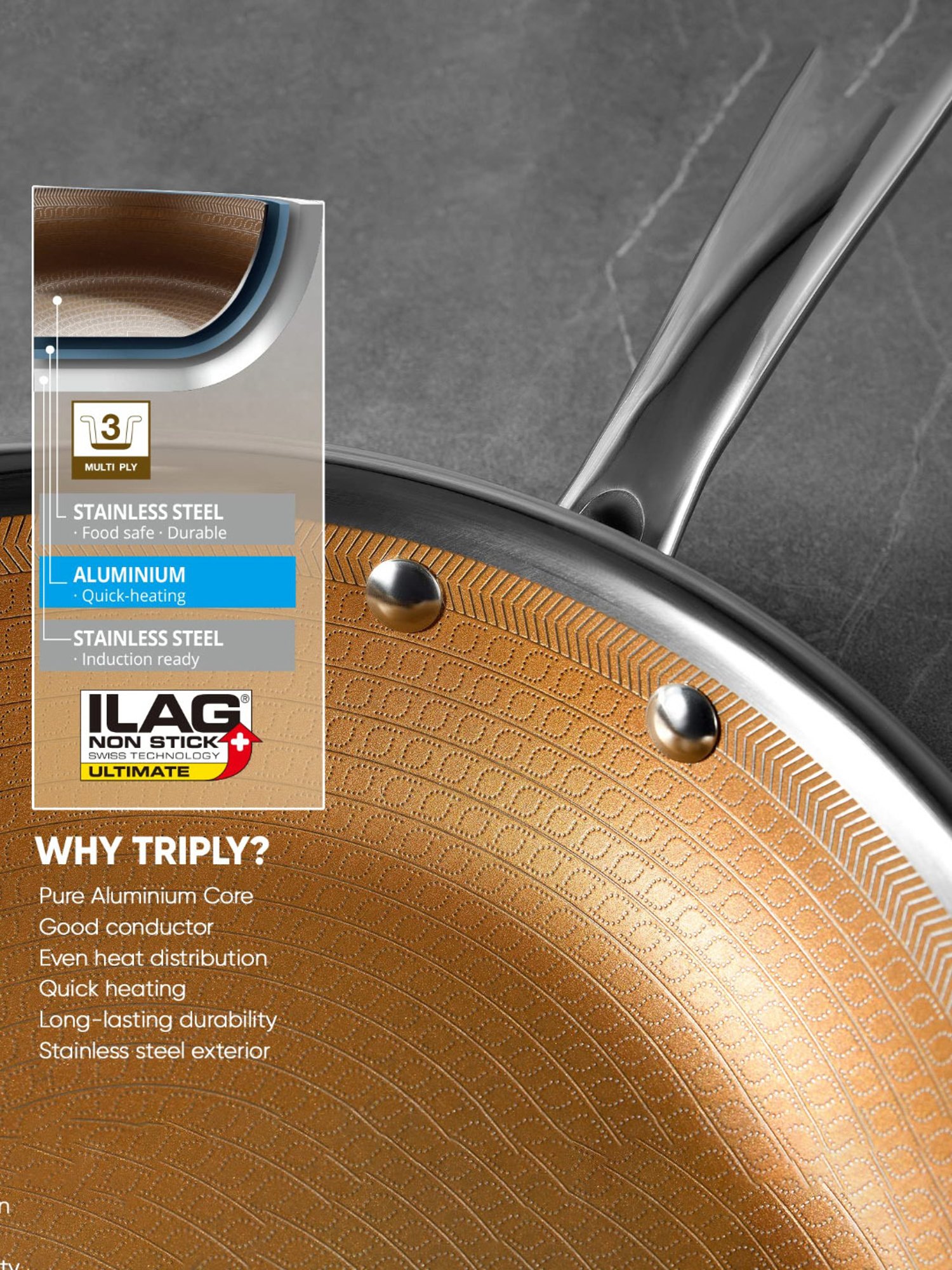 Bergner Giro Gold Gold Non Stick Stainless Steel Induction Base Frypan - 24 cm