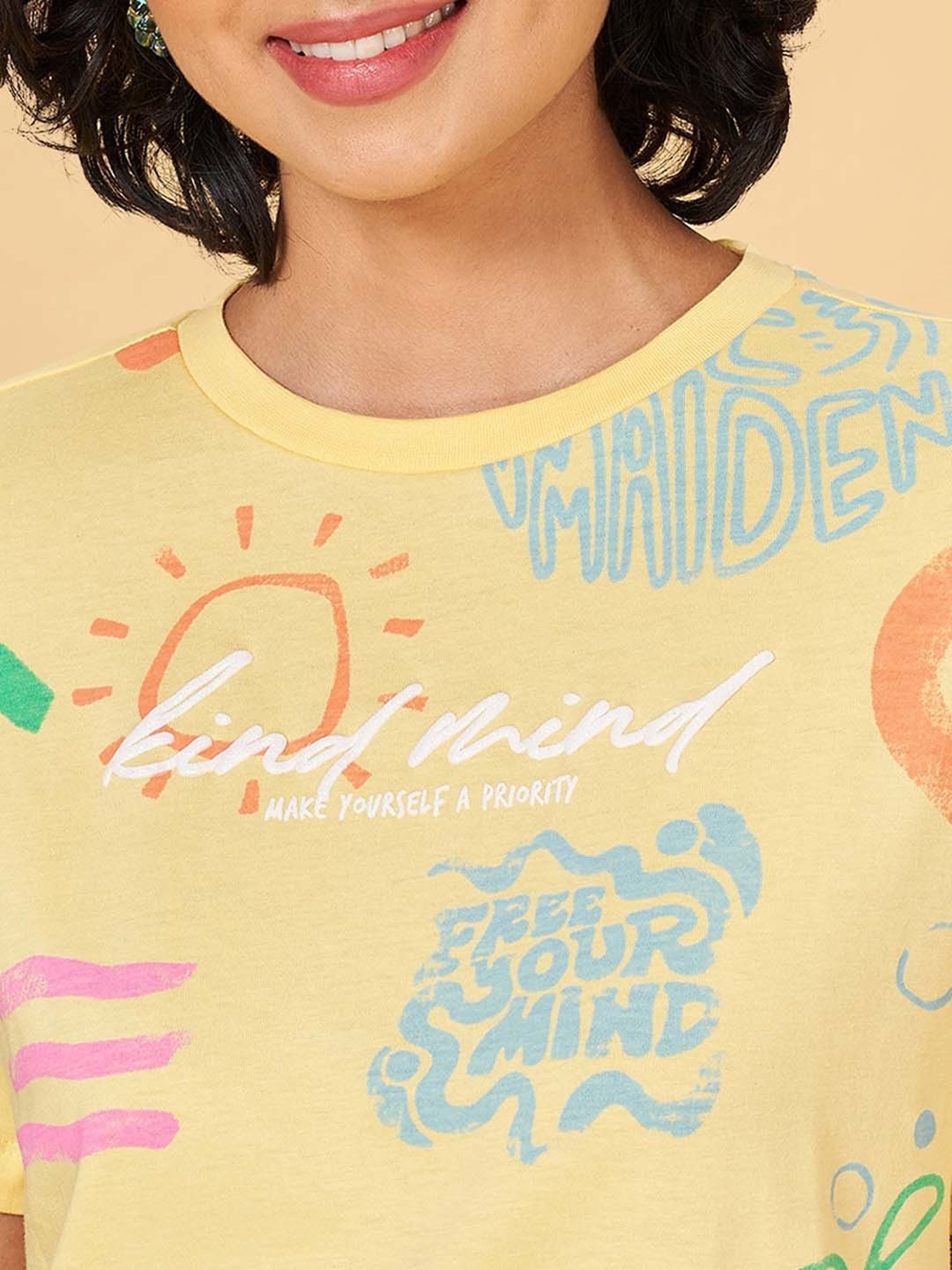 People by Pantaloons Yellow Cotton Printed T-Shirt