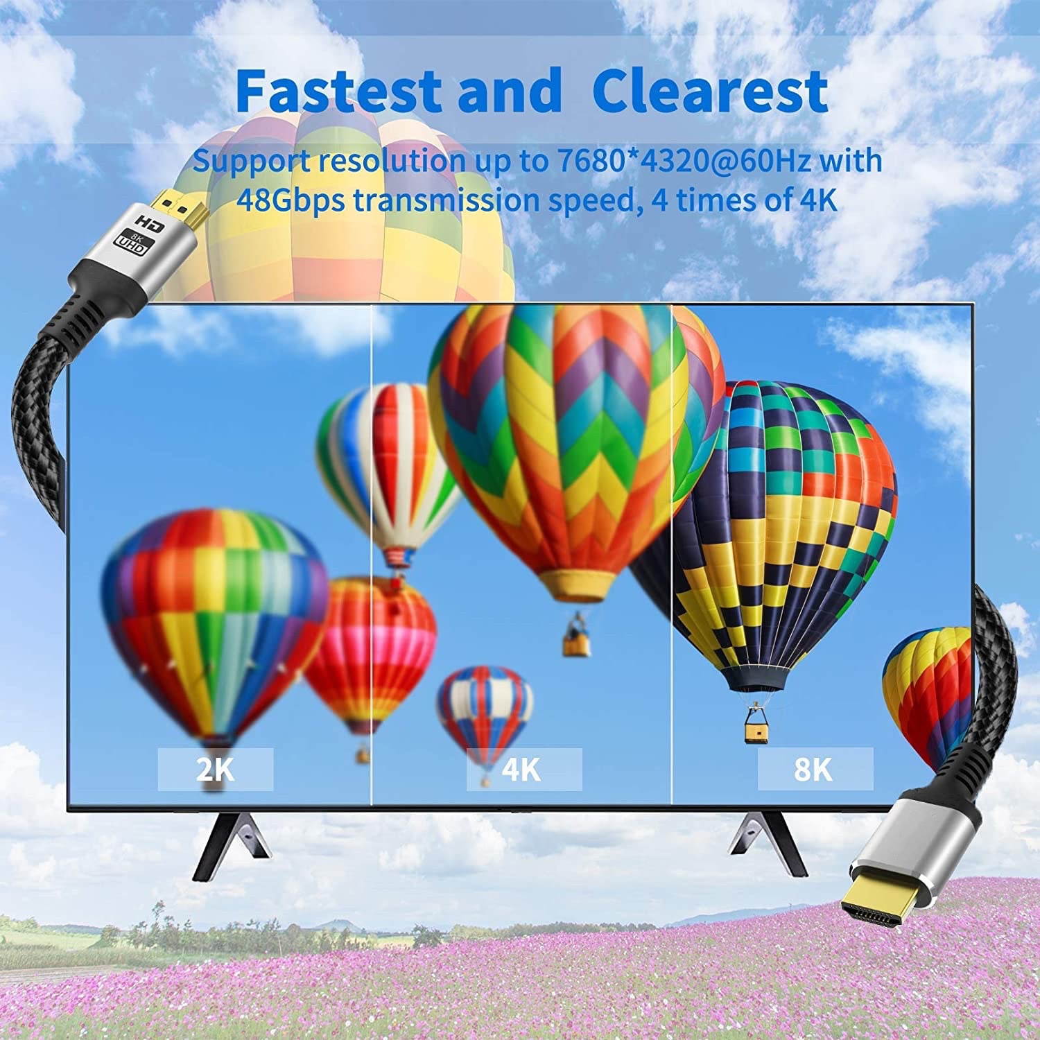 8K HDMI Cable 3.3ft/1m Ultra High Speed HDMI 2.1 Cable 48Gbps 8K@60Hz Support Dynamic HDR, 3D, eARC, HDCP 2.2, Cotton Braided HDMI Cord for PS5/PS4/Xbox/Apple TV/Nintendo Switch/Projector