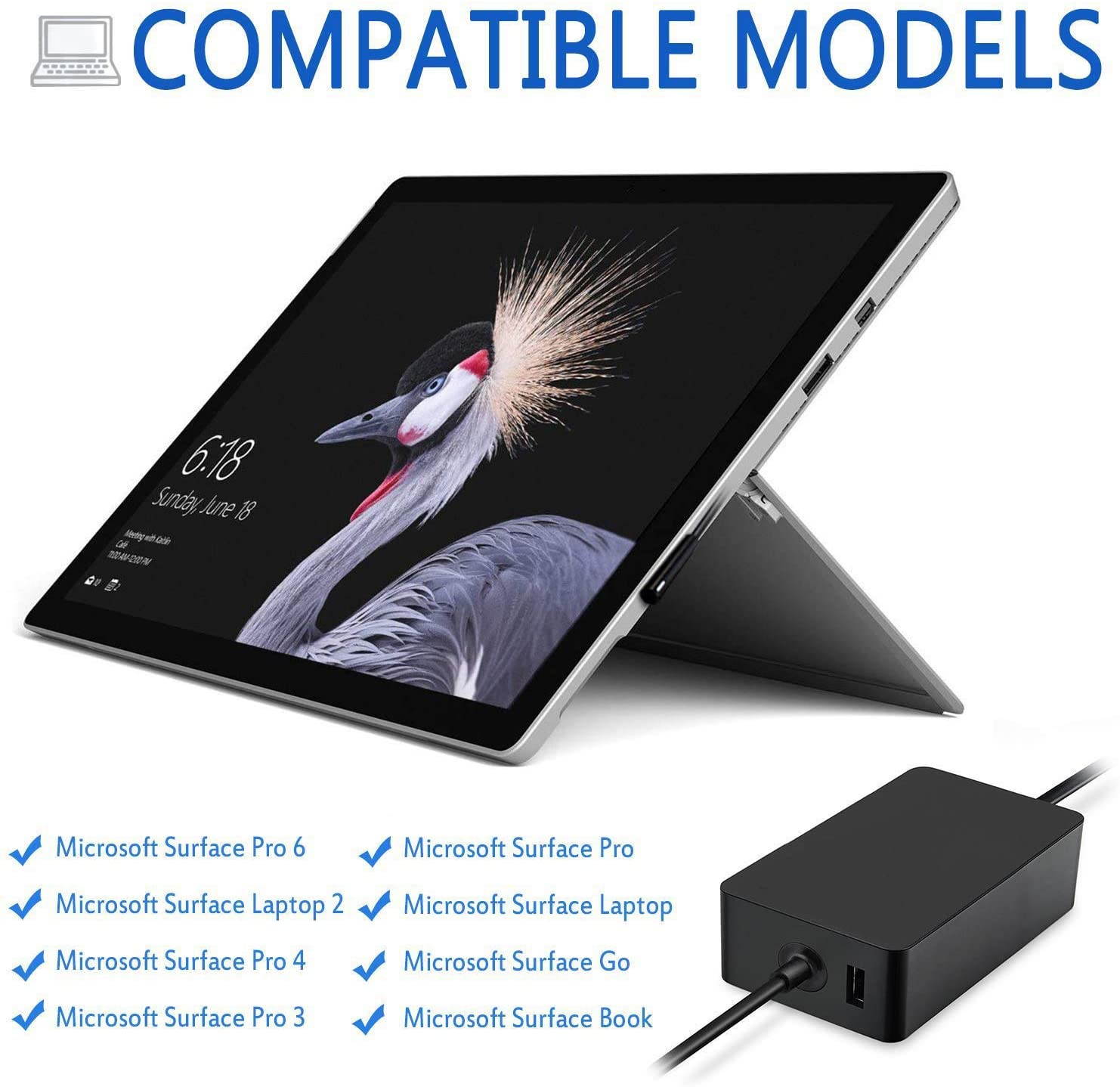 Surface Pro Charger, New Surface Pro Charger, 44W 15V 2.58A, Compatible for Microsoft Surface Pro 3, Pro 4, Pro 5, Pro 6, Surface Laptop 1/2, Surface Book & Surface Go,with 5V 1A USB (6.2Ft, Black)