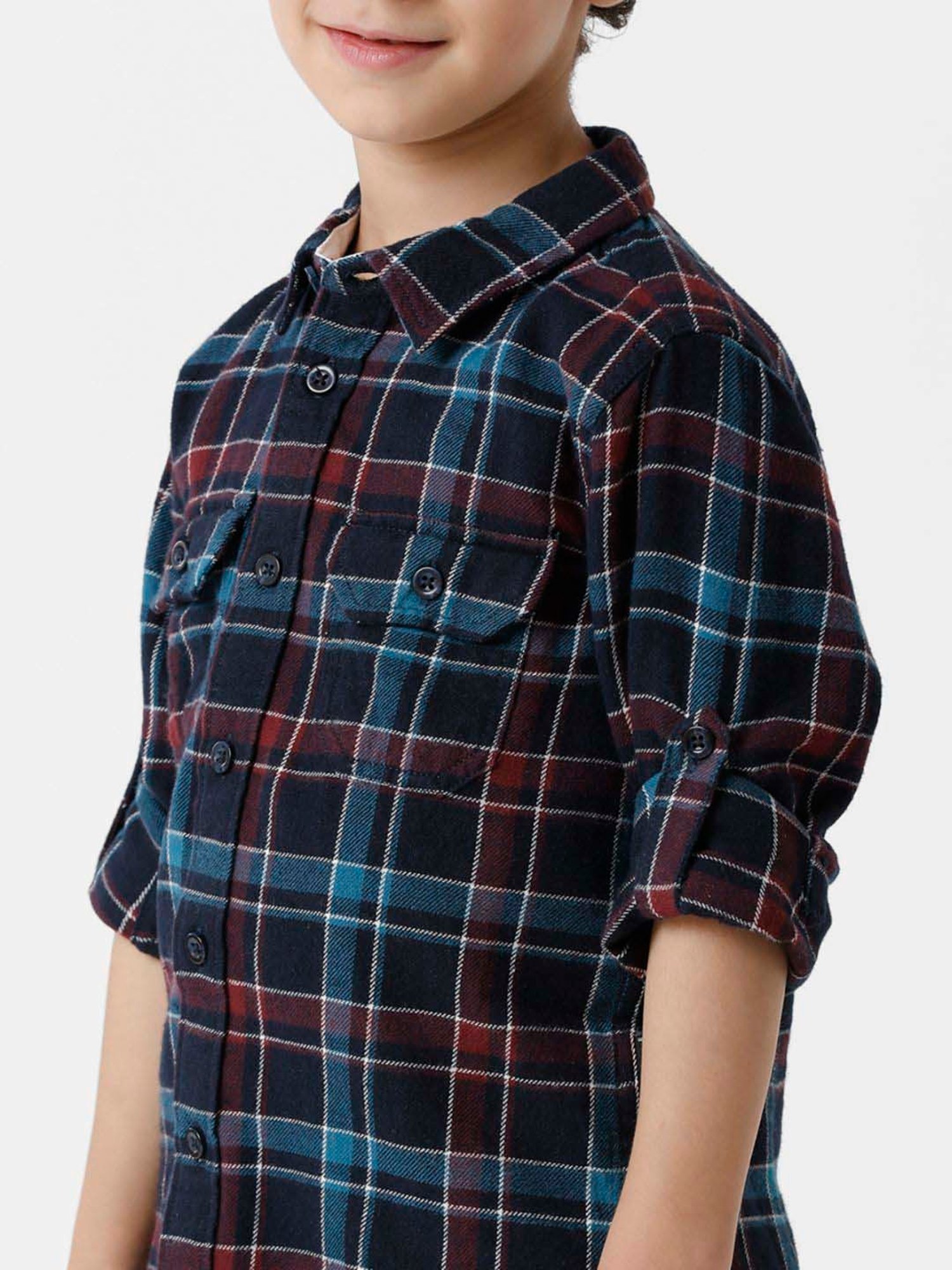 Kate & Oscar Kids Navy & Red Cotton Chequered Full Sleeves Shirt