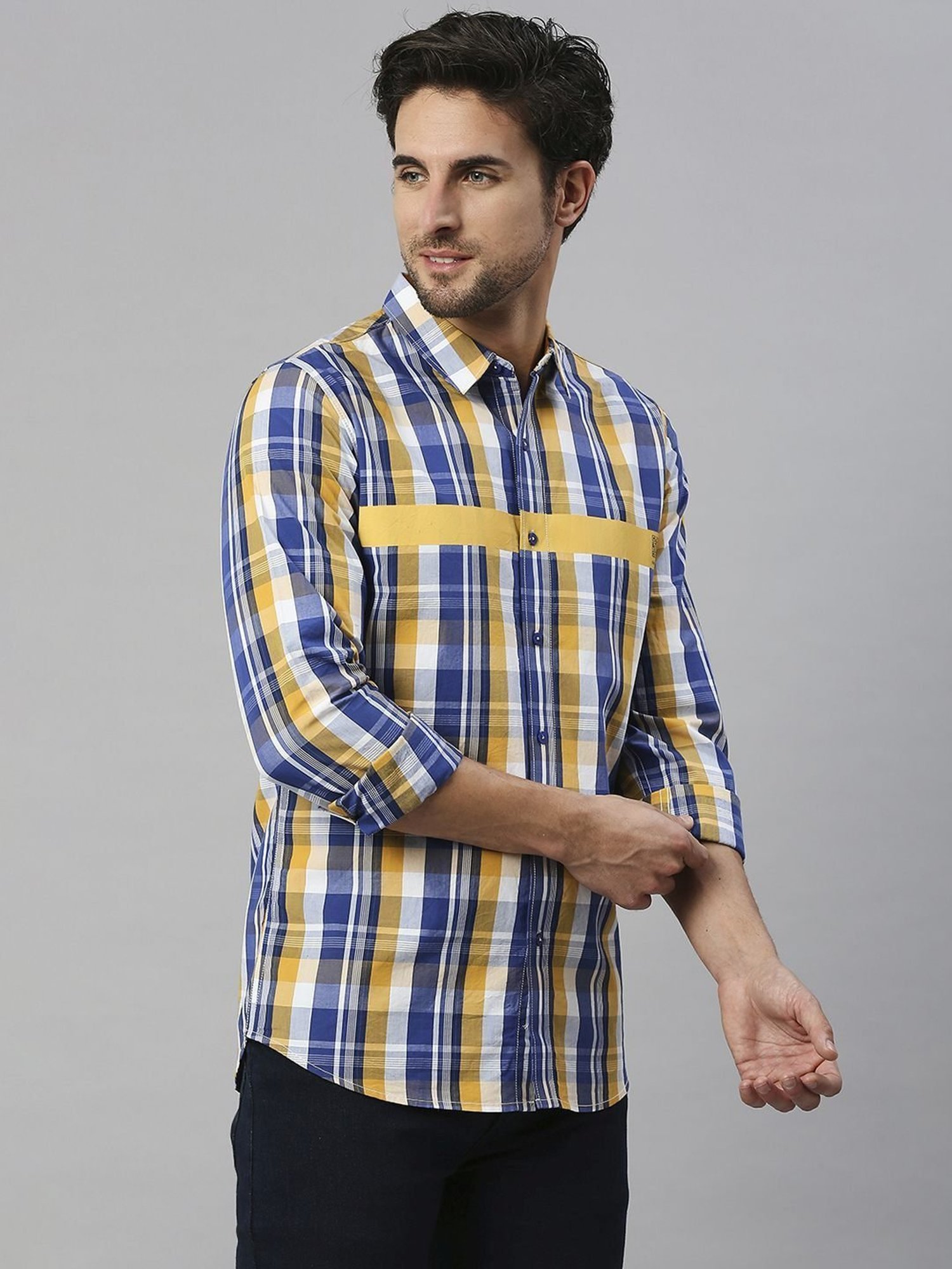 SOLEMIO Navy & Mustuard Cotton Slim Fit Checks Shirt