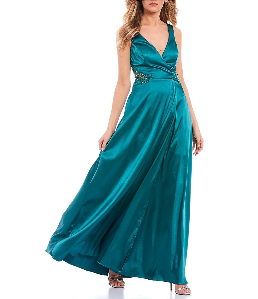 City Vibe V-Neck Crochet-Side Faux-Wrap Satin Long Dress