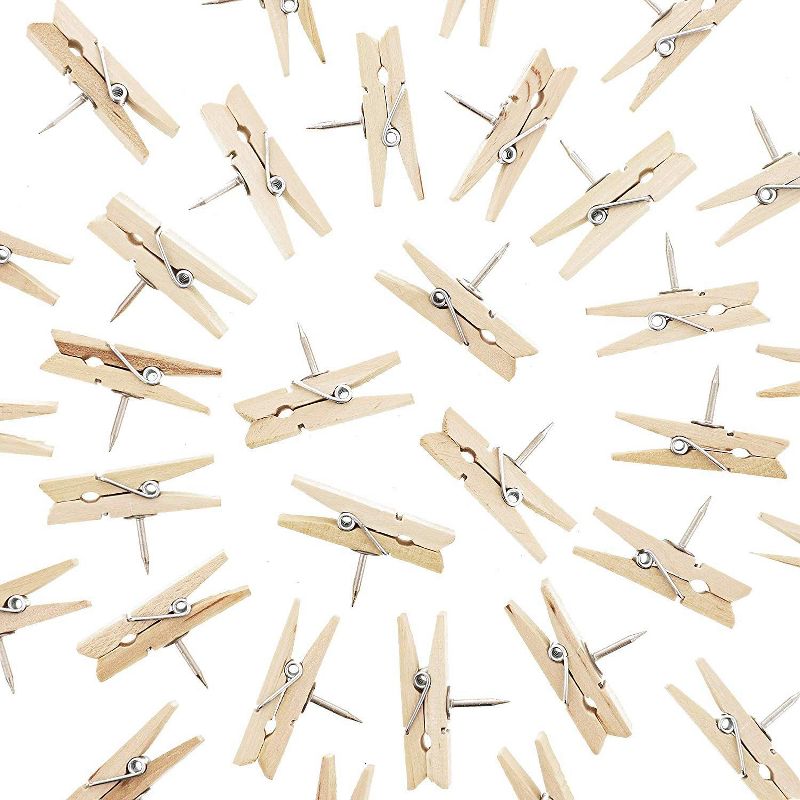 Juvale 80-Count Mini Wooden Pushpins Clips, Clothes Pins Thumbnails Decorate Photos on Cork Boards Bulletin Board for Office Home Postcards, Natural