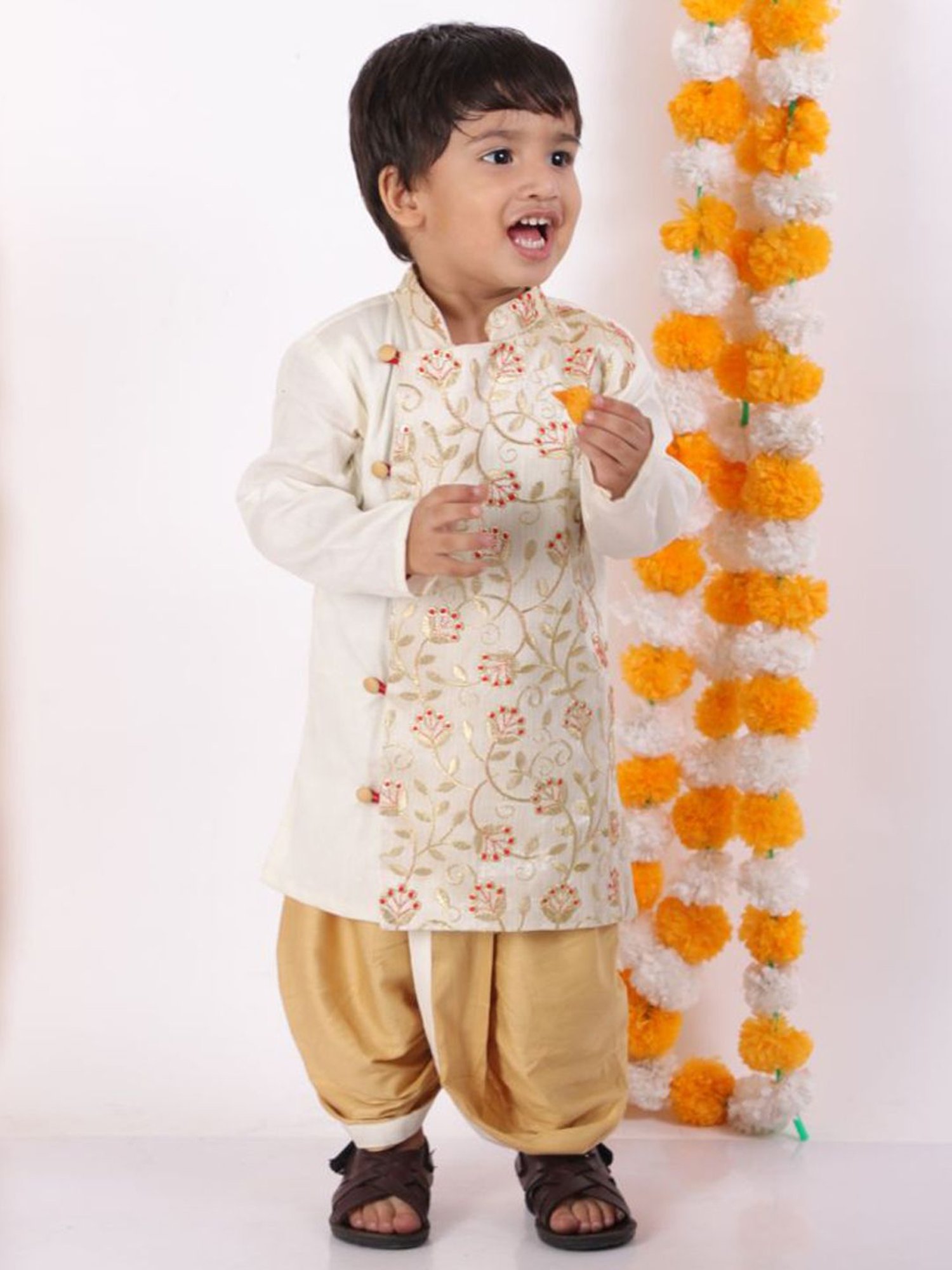 Little Bansi Kids Beige Embroidered Sherwani Set